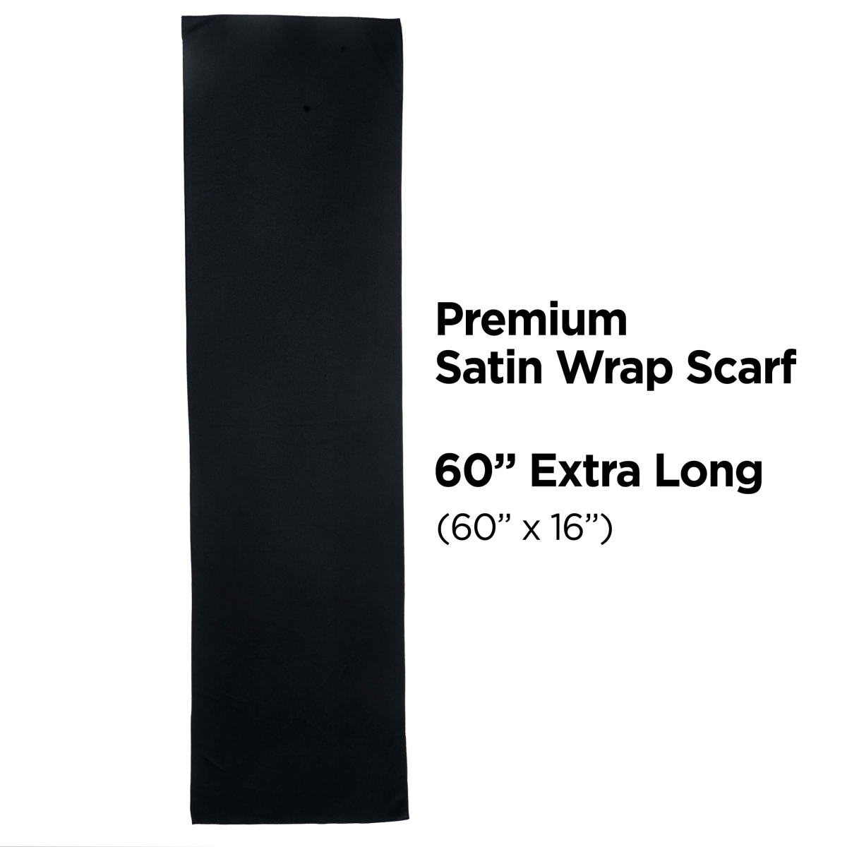 Black satin wrap scarf displayed flat, alongside text highlighting it as a premium satin wrap scarf, extra long at 60 inches by 16 inches.