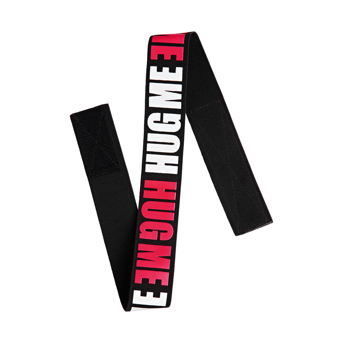 Black elastic band with stitched ends, featuring bold red and white text repeating \