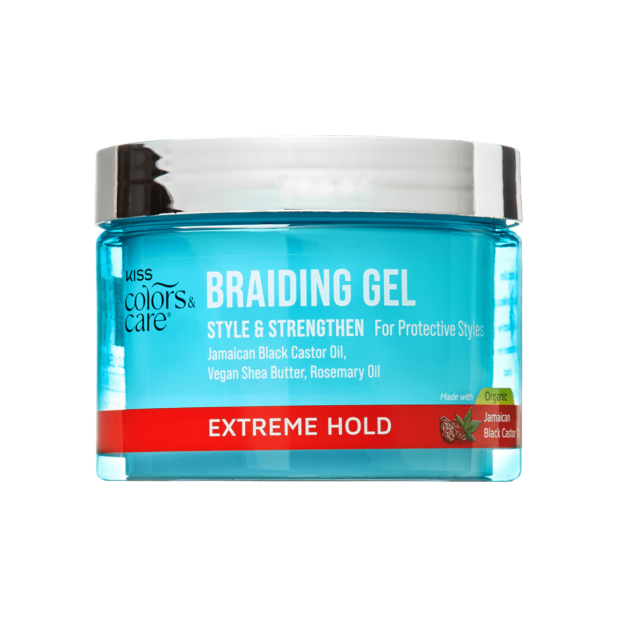 Transparent blue jar of KISS Colors & Care braiding gel with silver lid, labeled for styling and strengthening with organic Jamaican Black Castor Oil and extreme hold.