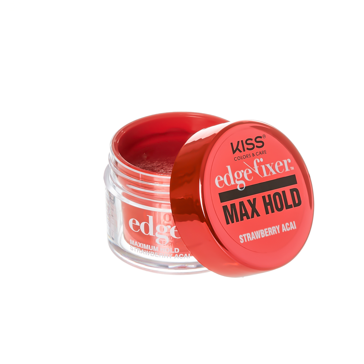 Small clear jar with an open red lid showing red edge fixer gel inside, labeled KISS Colors & Care Edge Fixer Max Hold in Strawberry Acai scent.