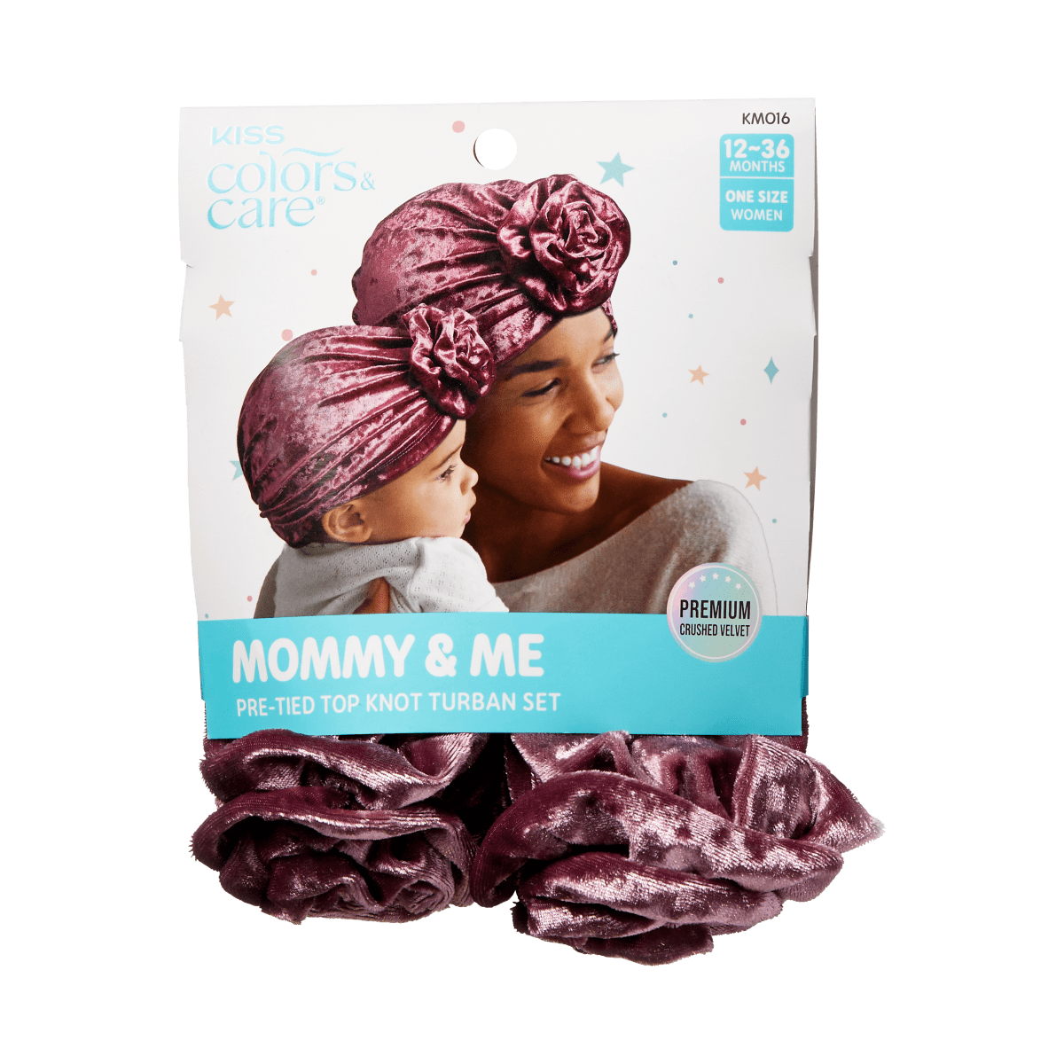 Berry-colored crushed velvet pre-tied top knot turban set for mother and child, shown on packaging with smiling woman and baby wearing matching turbans.