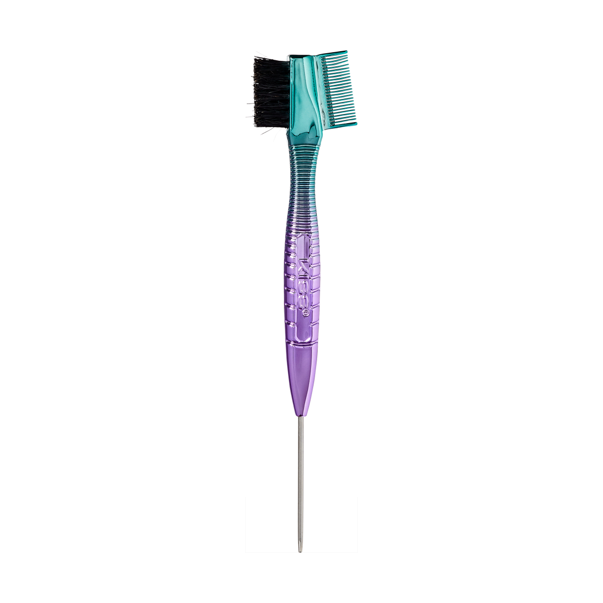 KISS Colors & Care Ombre Chrome 3-in-1 Edge Brush with black bristles, fine-tooth comb, and metal tip, featuring a teal to purple gradient handle.