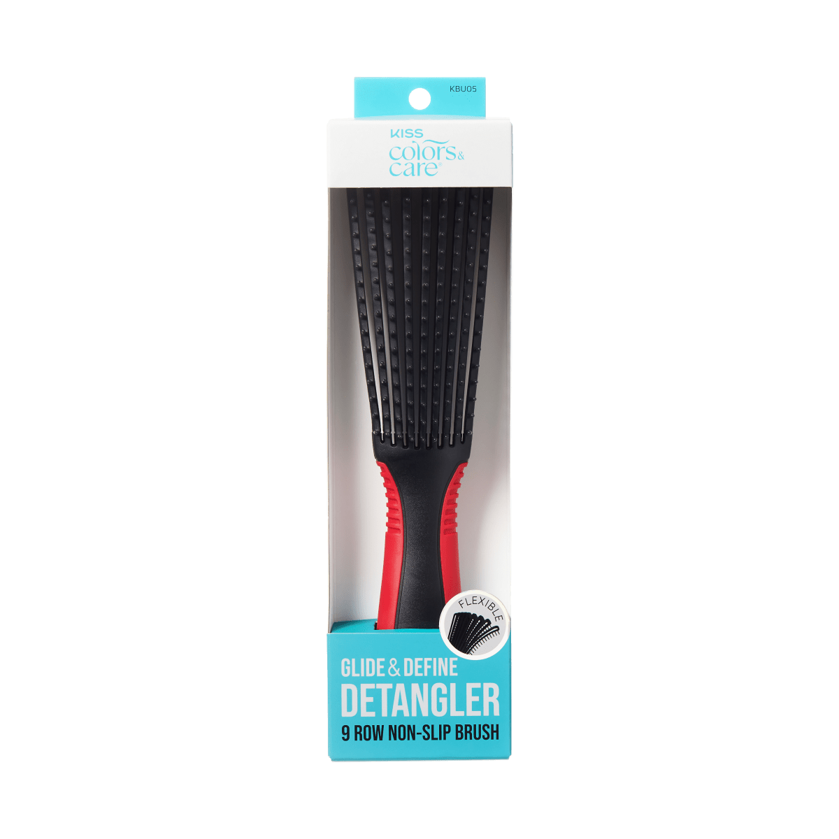 KISS Colors & Care large black detangling brush with red and black handle, packaged in white and blue box with \