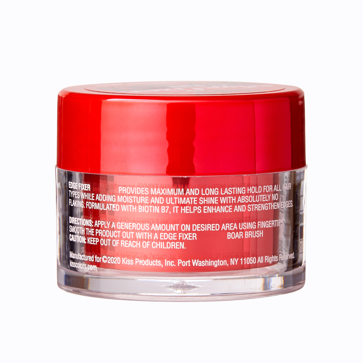 Clear round container with a bright red lid holding KISS Colors & Care Edge Fixer. Text indicates it provides maximum, long-lasting hold with moisture and shine, formulated with Biotin B7 to strengthen edges.