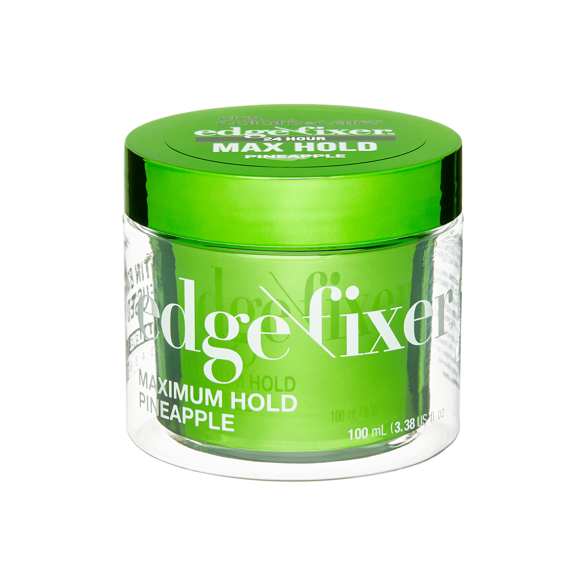 Green and clear round jar of KISS Colors & Care Edge Fixer with green lid, labeled \