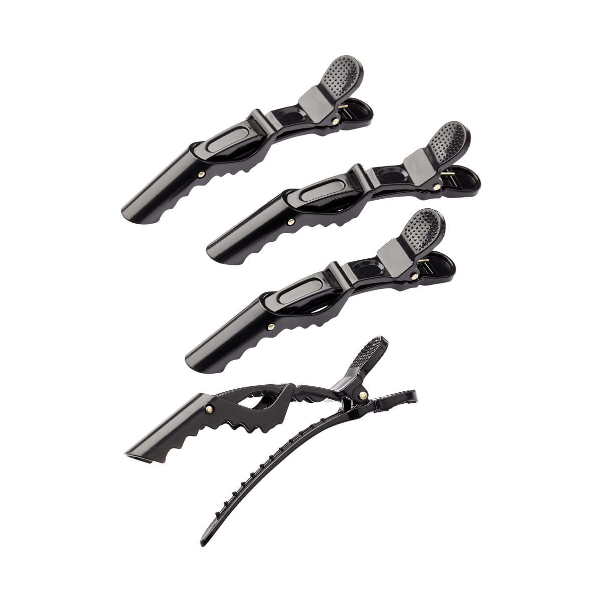 Set of four black plastic alligator hair clips with textured grips and a curved, serrated clamping edge, shown on a white background.