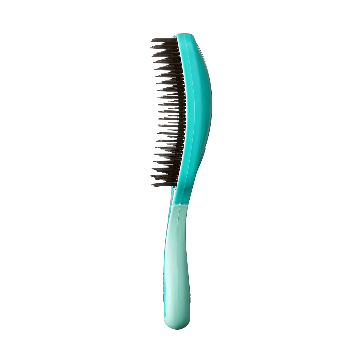 Two-tiered wide-paddle detangling brush with teal handle and black flexible bristles, shown from the side against a white background.