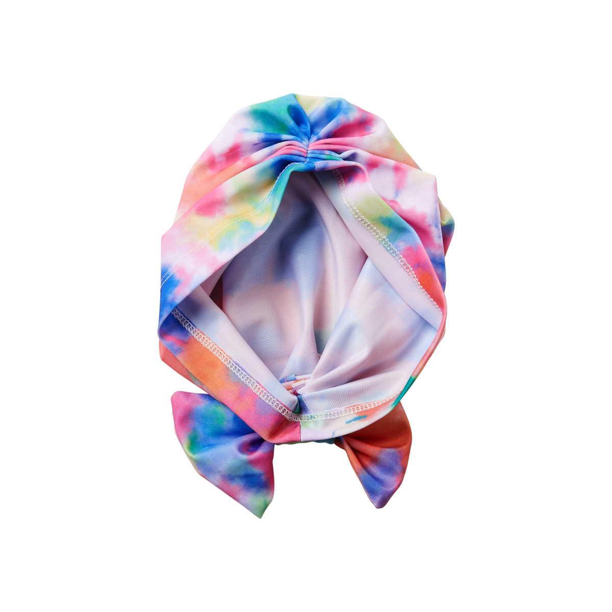 Soft, silky toddler turban wrap with pre-tied top knot bow, featuring vibrant tie-dye colors in pink, blue, green, and yellow, shown inside out.