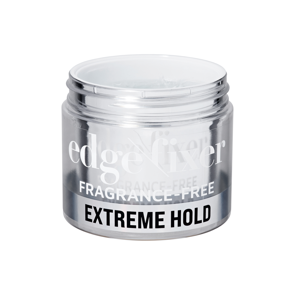 Clear round jar of KISS Colors & Care Edge Fixer gel with silver label, showing fragrance-free formula and extreme hold text, with the lid off.