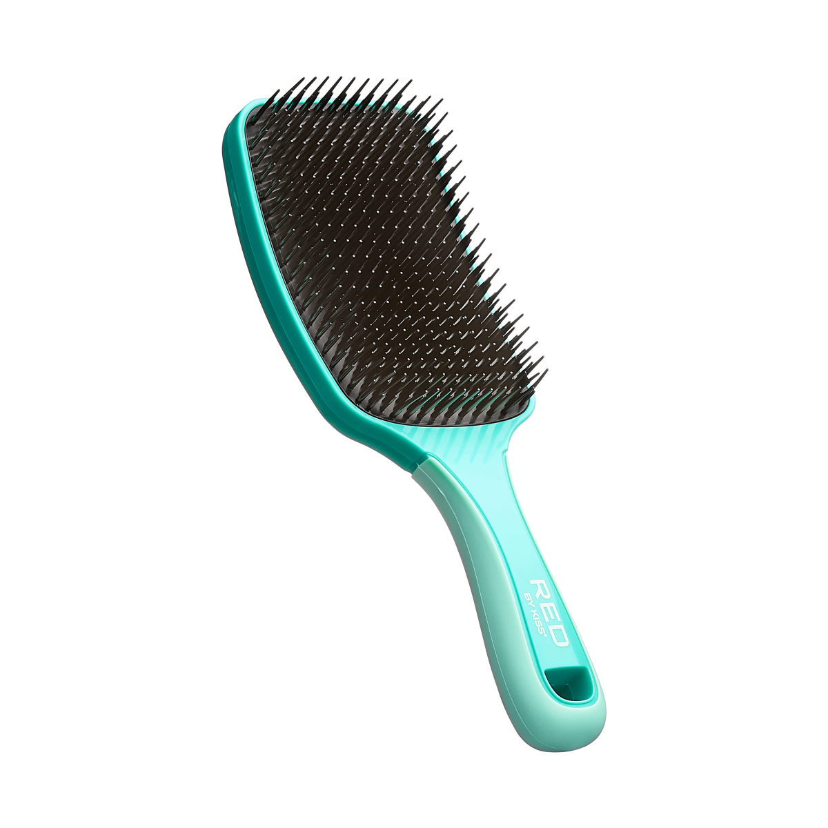 Turquoise and black wide-paddle detangling brush with two-tiered flexible bristles and a curved handle labeled \
