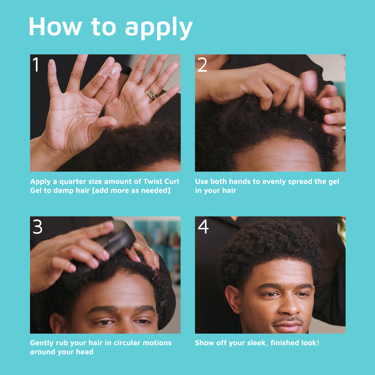 Step-by-step visuals showing application of KISS Colors & Care Twist Curl Gel: quarter-size gel on fingers, spreading into damp curly hair, massaging with circular motions, and styled finished look.