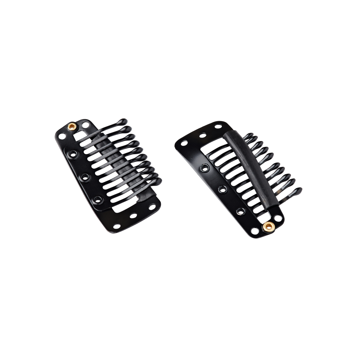 Two black snap-on wig clips shown against a white background, each with a row of curved teeth and small holes for sewing or attachment.