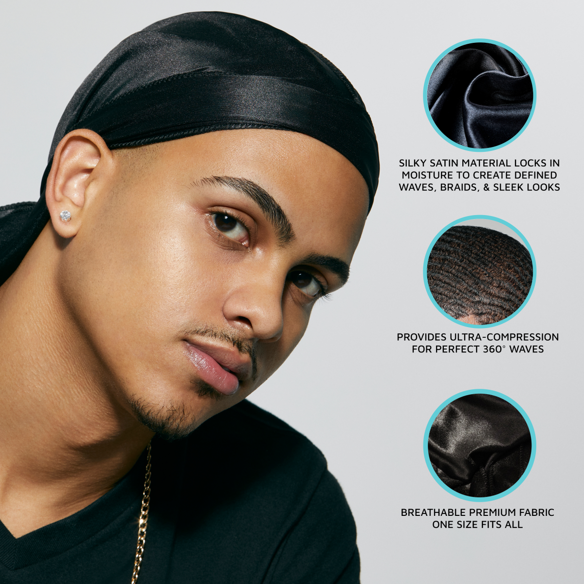 Young man wearing a black satin durag, close-up view. Text highlights silky satin material locks moisture, ultra-compression for 360° waves, and breathable premium fabric with one size fits all.