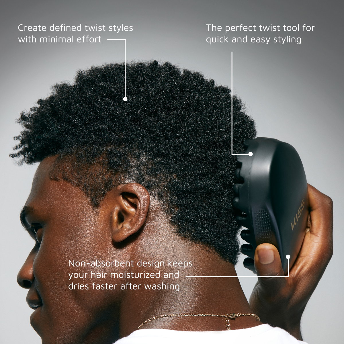 Man with short curly hair using a black KISS twist styling tool on the side of his head. Text highlights easy defined twist styles, quick styling, and a non-absorbent design for faster drying.