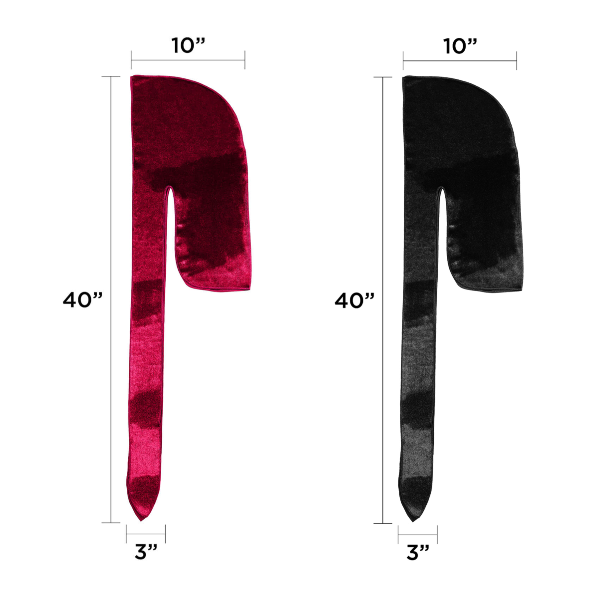 Two velvet durags side by side on a white background, one burgundy and one black, with dimensions labeled as 40 inches long, 10 inches wide at the head, and 3 inches wide at the tie ends.