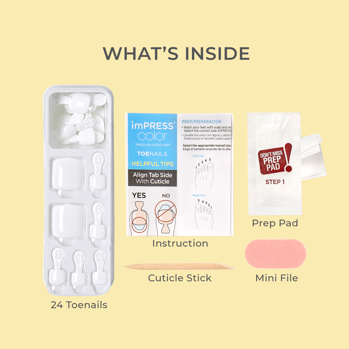 Contents of imPRESS Press-on Pedicure Sweet as Honey: 24 white toenails in plastic tray, instruction sheet with sizing tips, prep pad, wooden cuticle stick, and pink mini nail file.