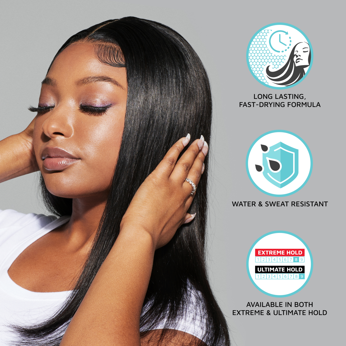 Close-up of a woman with smooth, straight black hair styled with sleek edges, touching her hair, next to icons highlighting a long-lasting, fast-drying formula, water and sweat resistance, and availability in extreme and ultimate hold options.