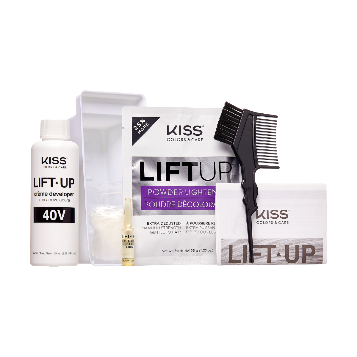 KISS Lift Up Complete Bleach & Serum Kit with 40V crème developer bottle, powder lightener packet, revitalizing serum ampoule, mixing tray, applicator brush, and instructions.
