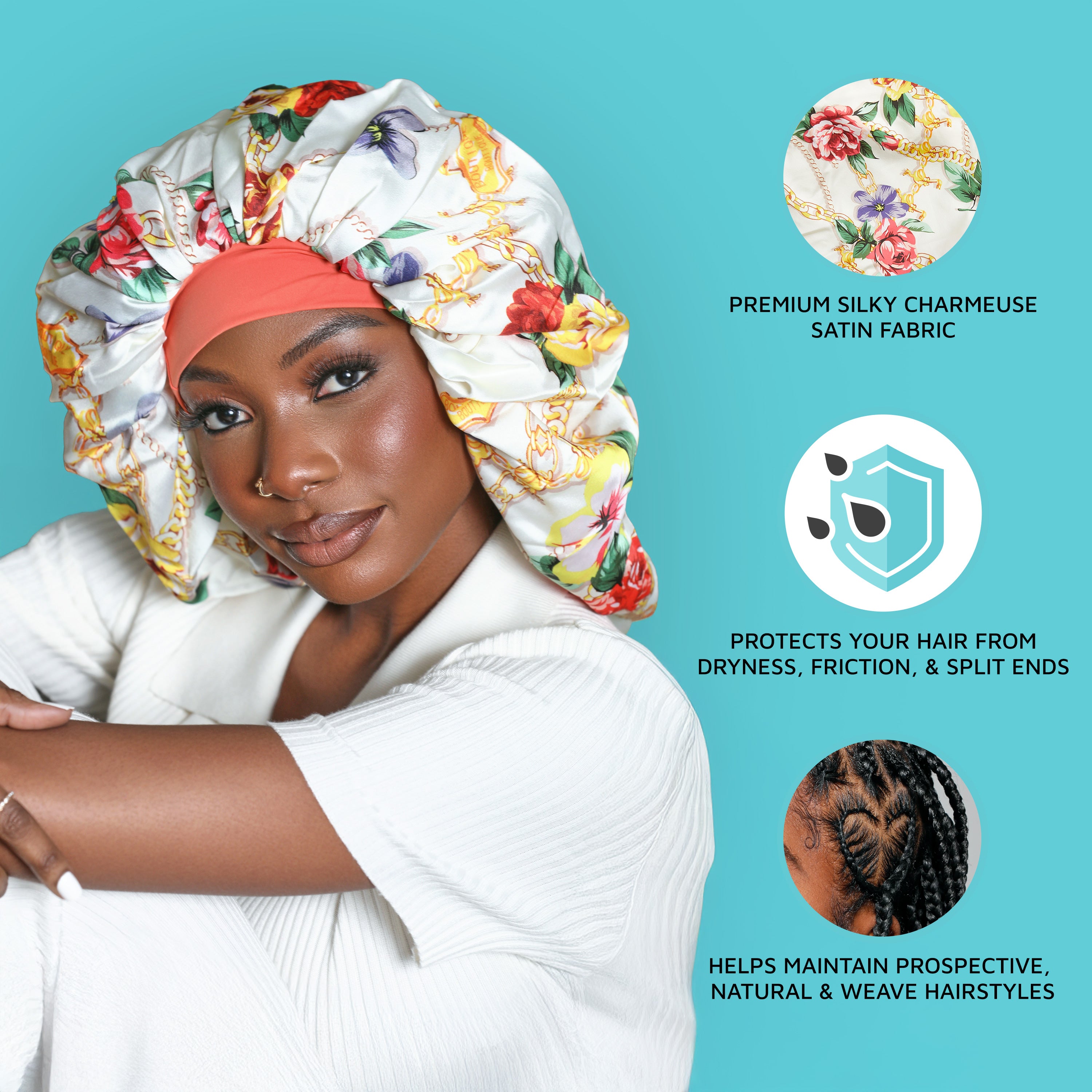 Woman wearing a floral crepe satin bonnet with coral band, against turquoise background. Text highlights premium silky fabric, hair protection, and style maintenance.
