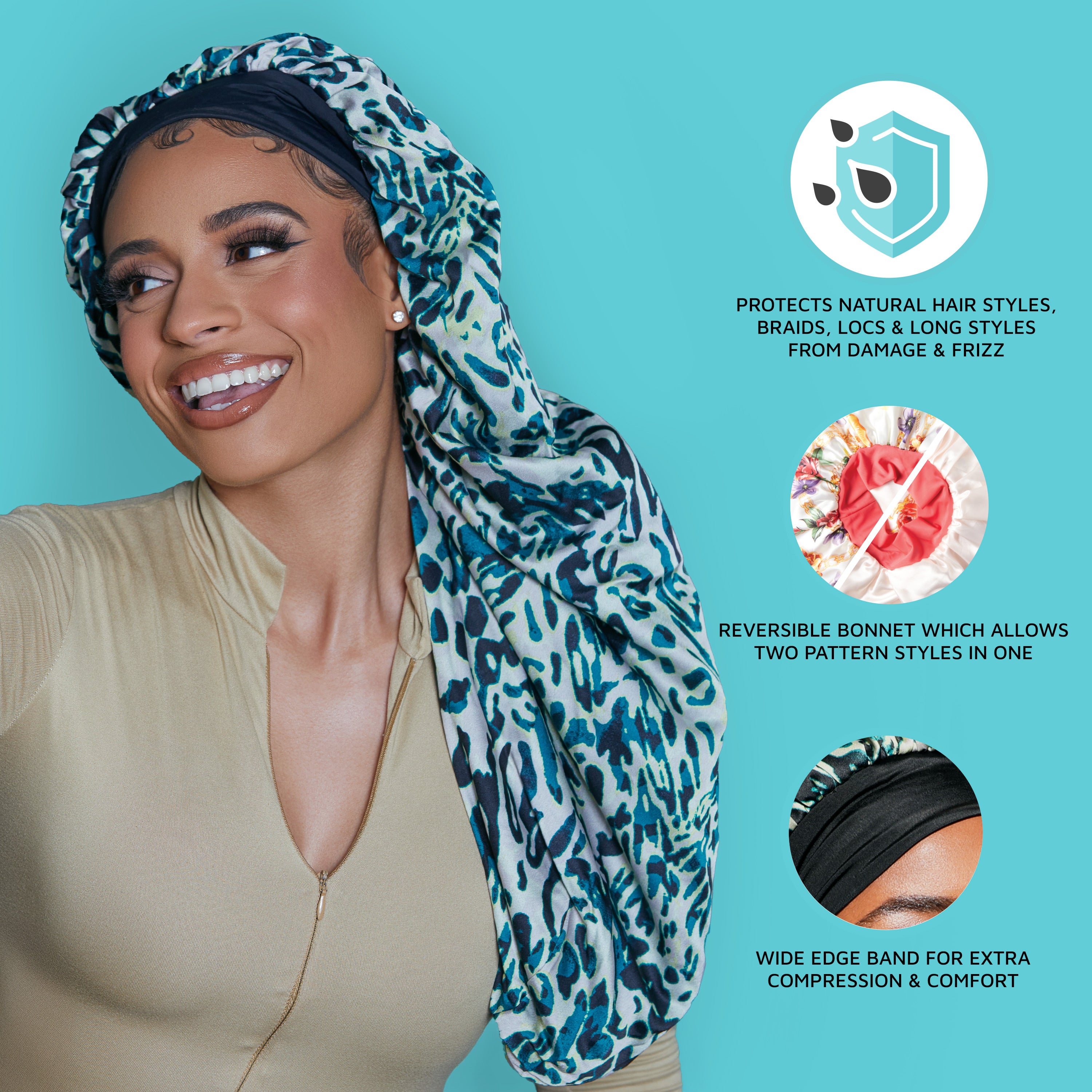 Smiling woman wearing a blue and black leopard print reversible satin braid bonnet, beige top against turquoise background with product benefits text.