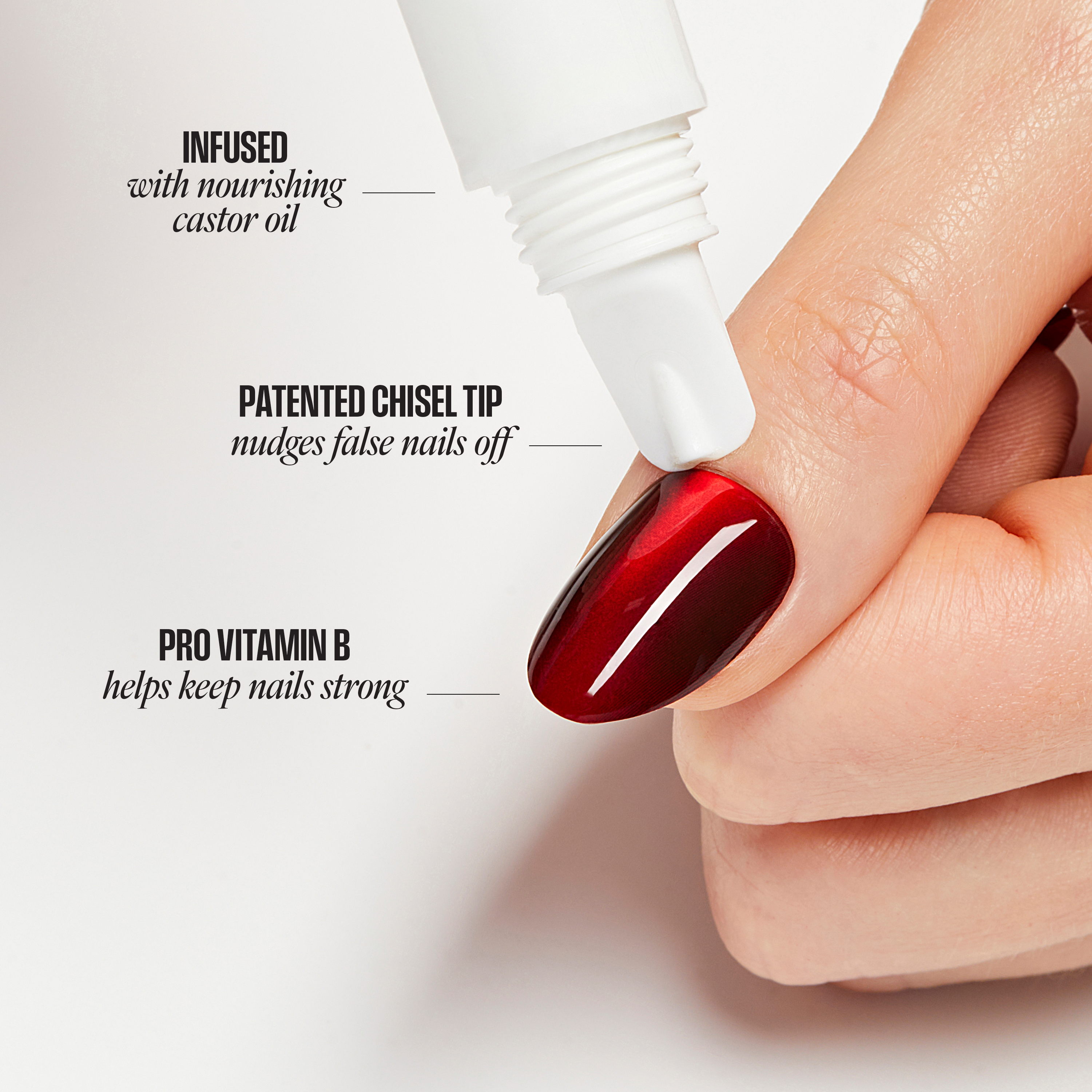 Hand applying a nail treatment with text highlighting features on a white background