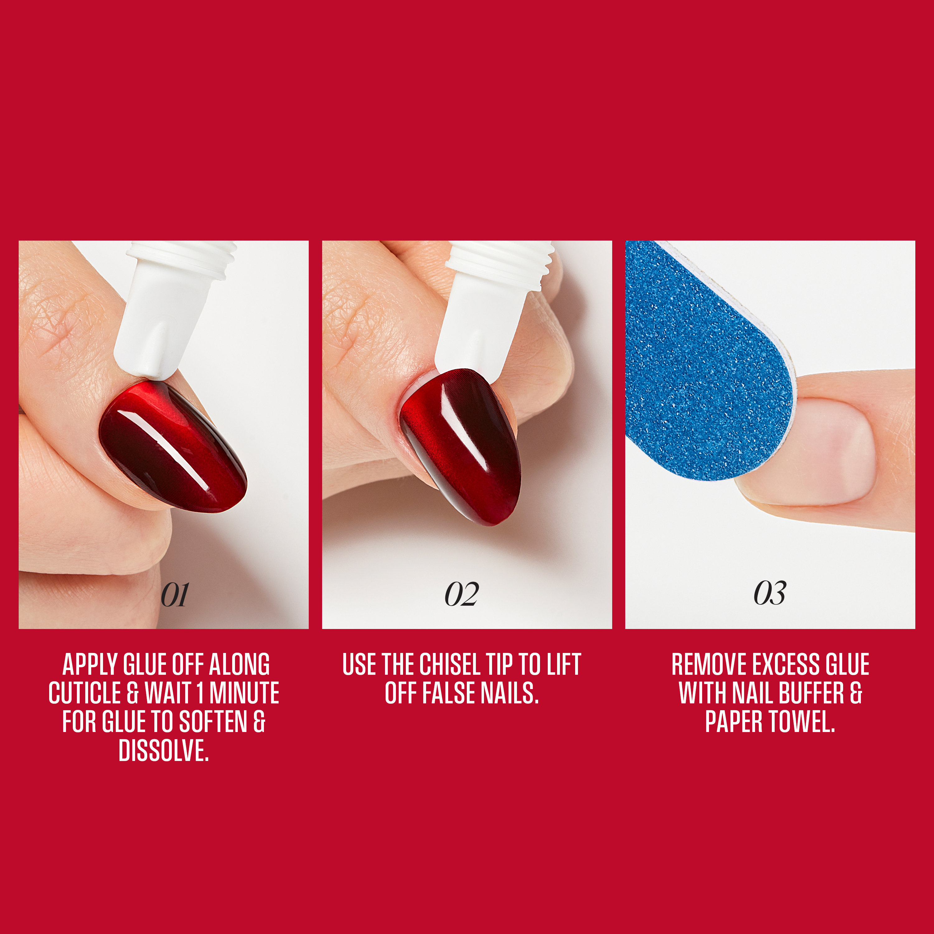Step-by-step guide on removing false nails with a red background