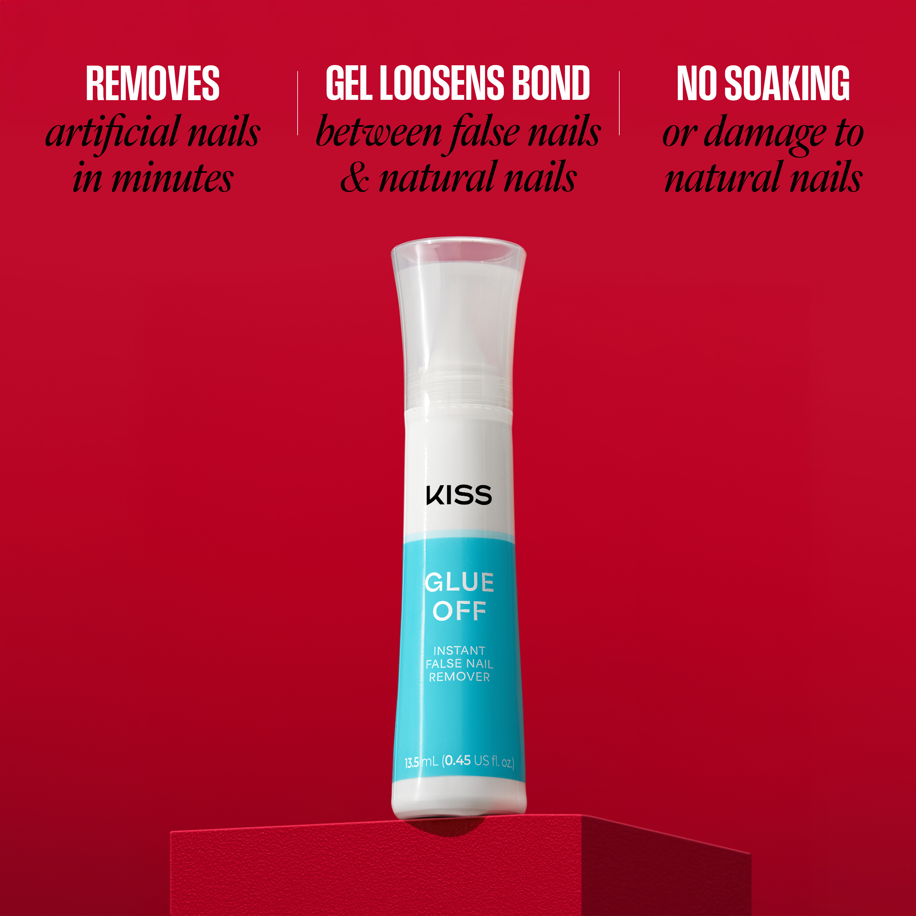Kiss Glue Off remover bottle on a red background with product benefits text.