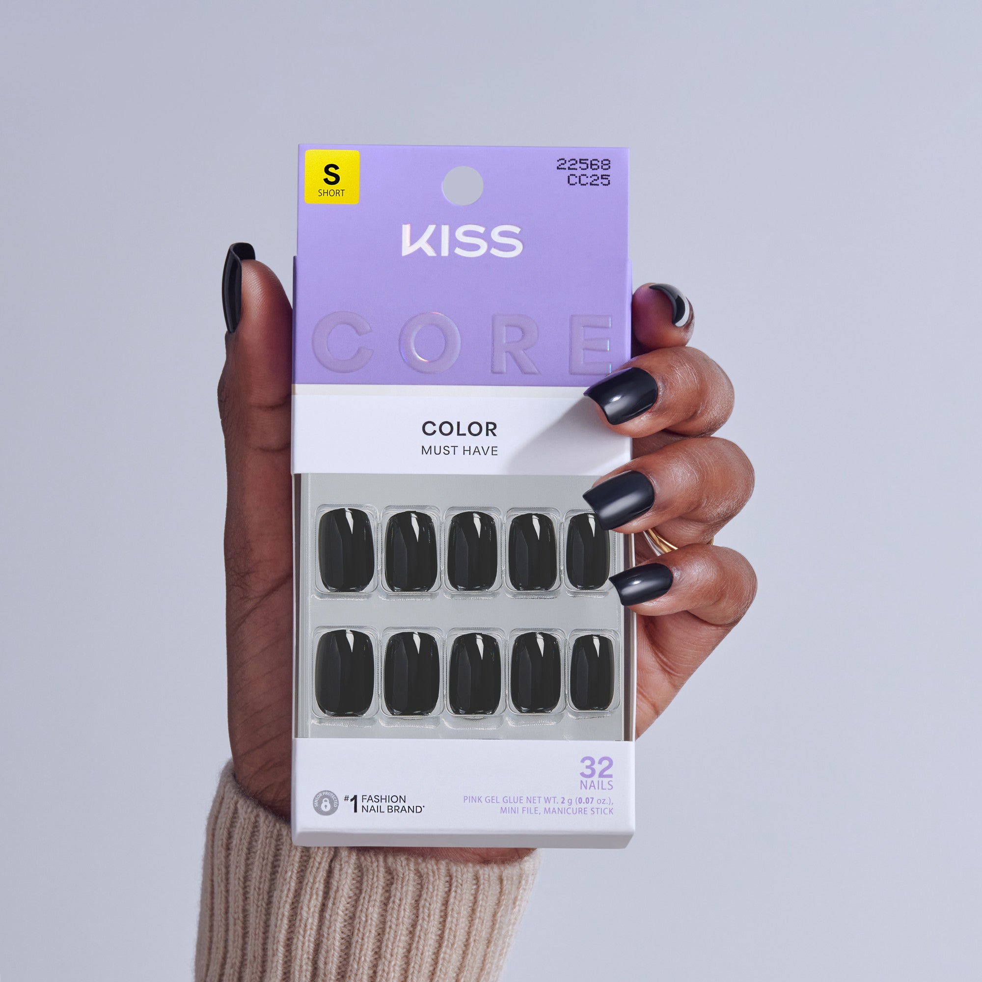 KISS Core Color Must Have press-on nails in black, size short, 32 nails.