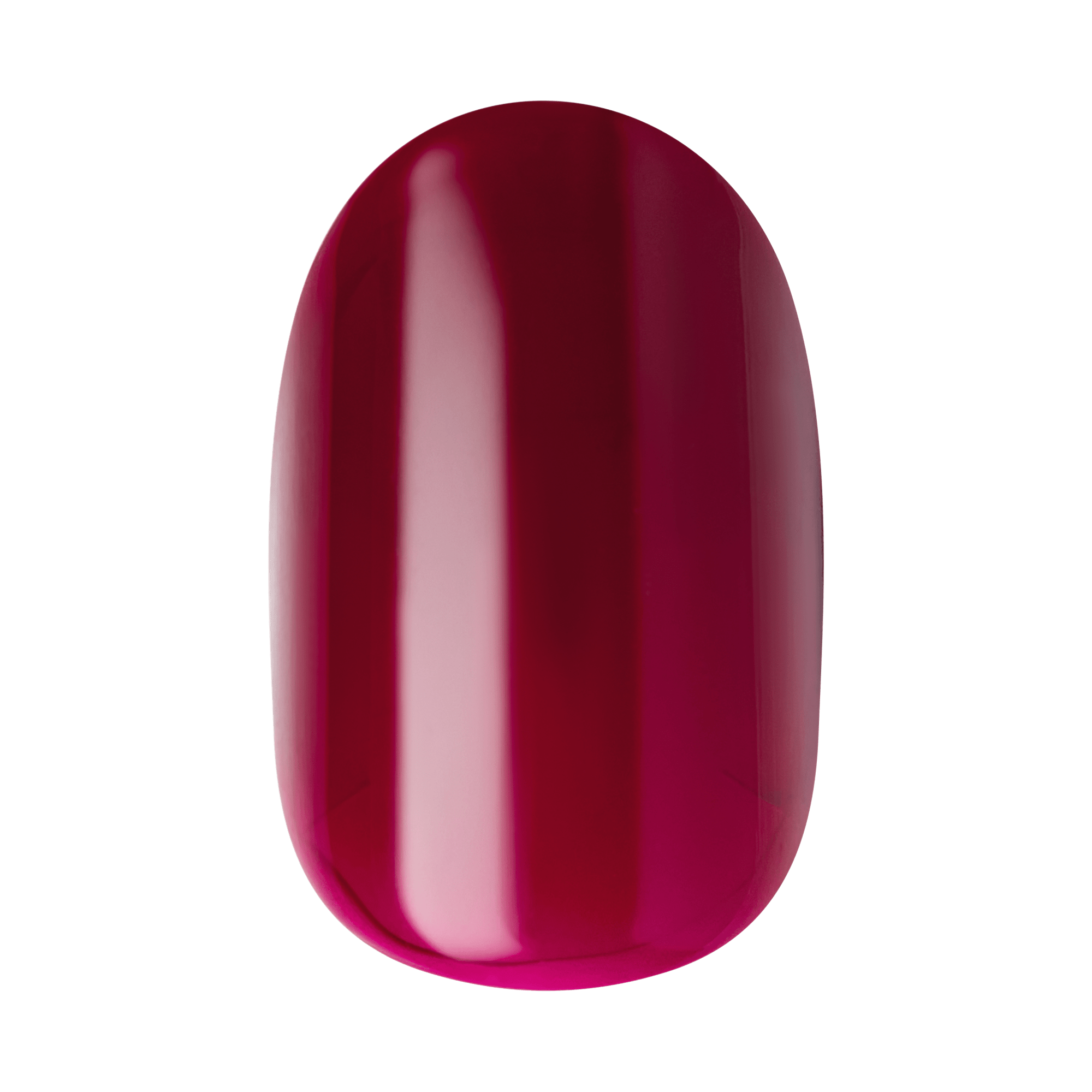 The image shows a close-up of a single, oval-shaped fingernail painted with a glossy, deep red nail polish. The surface of the nail is smooth and shiny, reflecting light to create highlights that enhance the polished look. The color is rich and vibrant, giving the nail a sophisticated and elegant appearance.