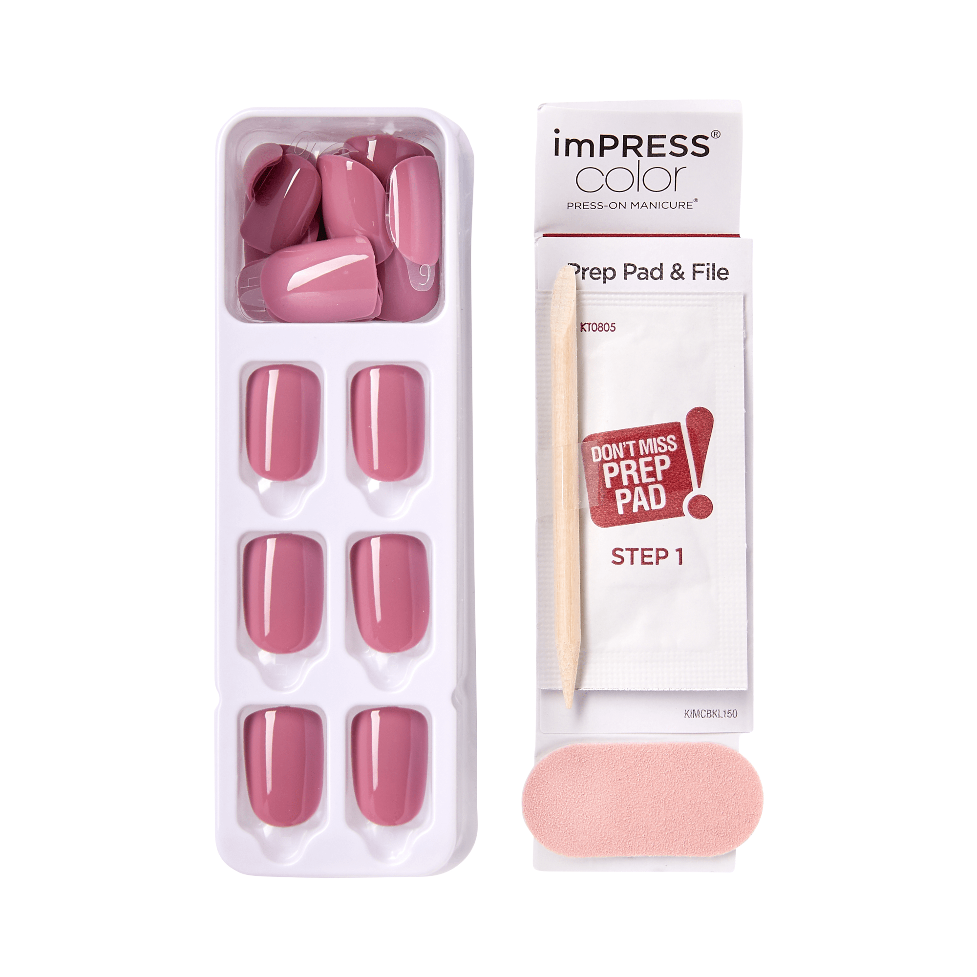 Set of petal pink press-on nails in a white tray alongside a prep pad packet labeled \