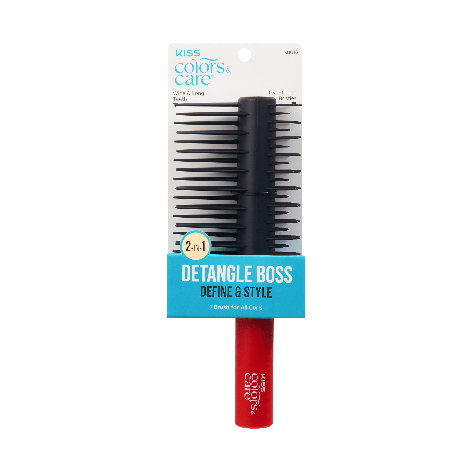 KISS Colors & Care Detangle Boss 2-in-1 hairbrush with wide, long teeth and two-tiered bristles; red handle with blue and white packaging.