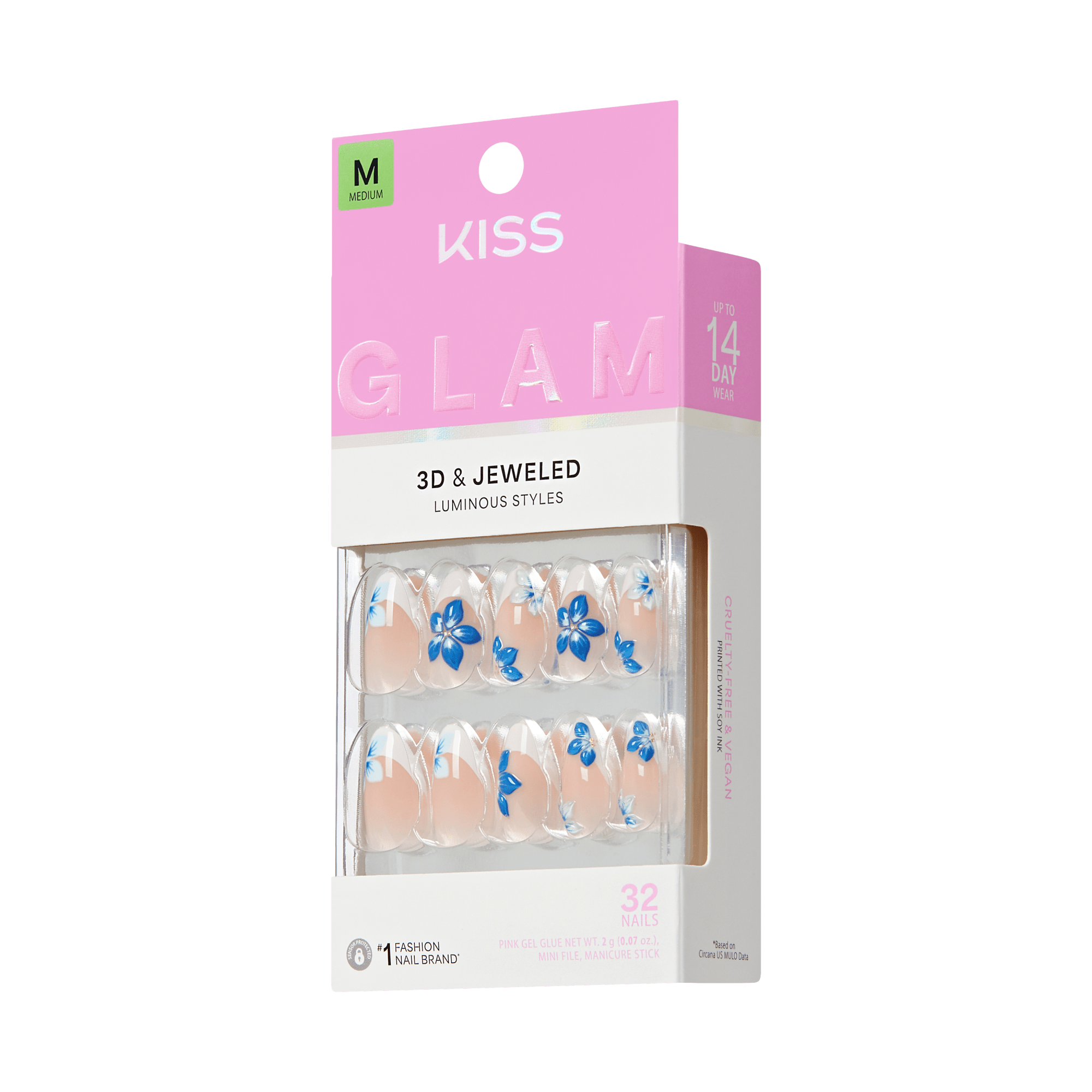 Kiss Glam 3D & Jeweled nail art packaging on a green background