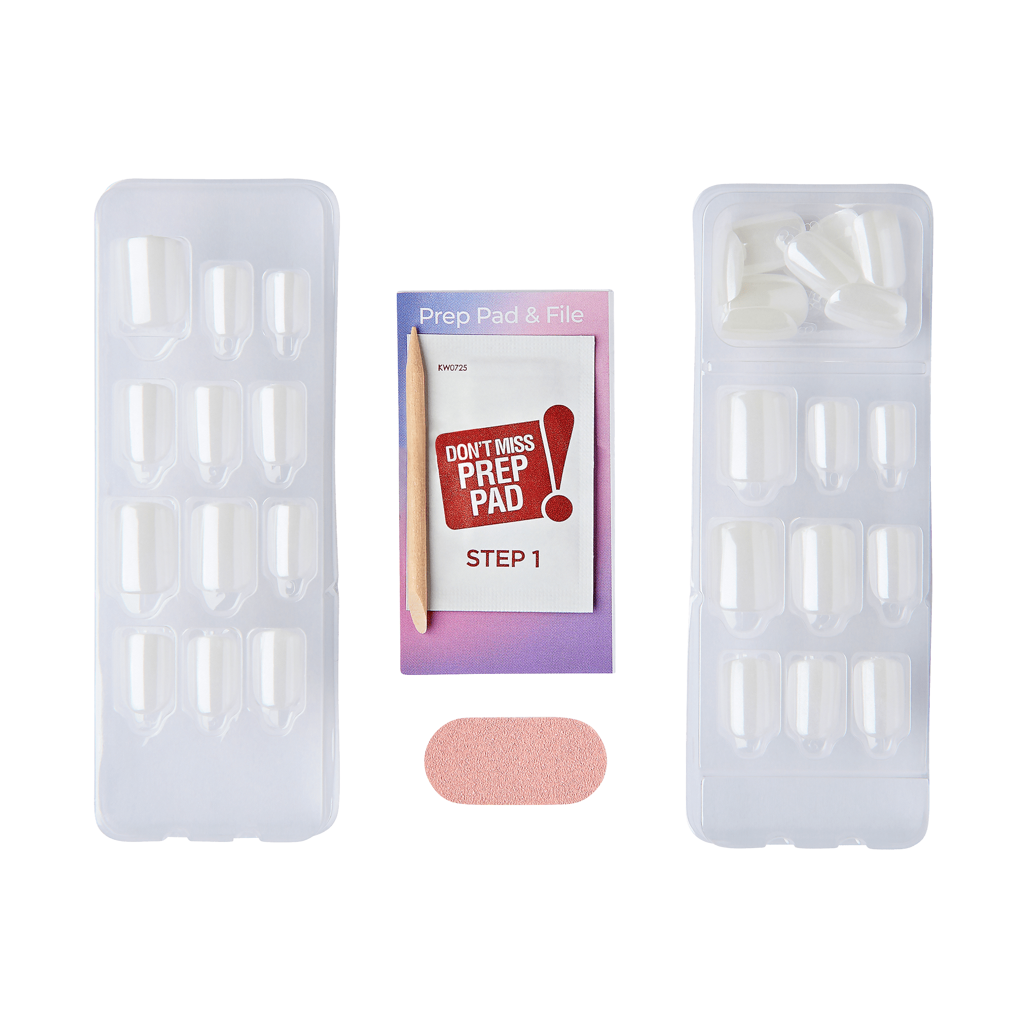The image shows a nail care kit. The kit includes two plastic trays, each containing a set of artificial nails. In the center, there is a small packet labeled "Prep Pad & File" with the text "DON&