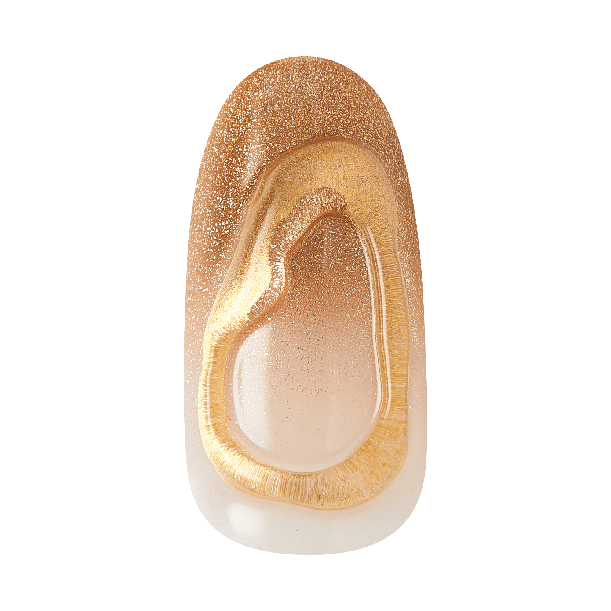 Almond-shaped nail with gradient gold glitter and nude ombre design