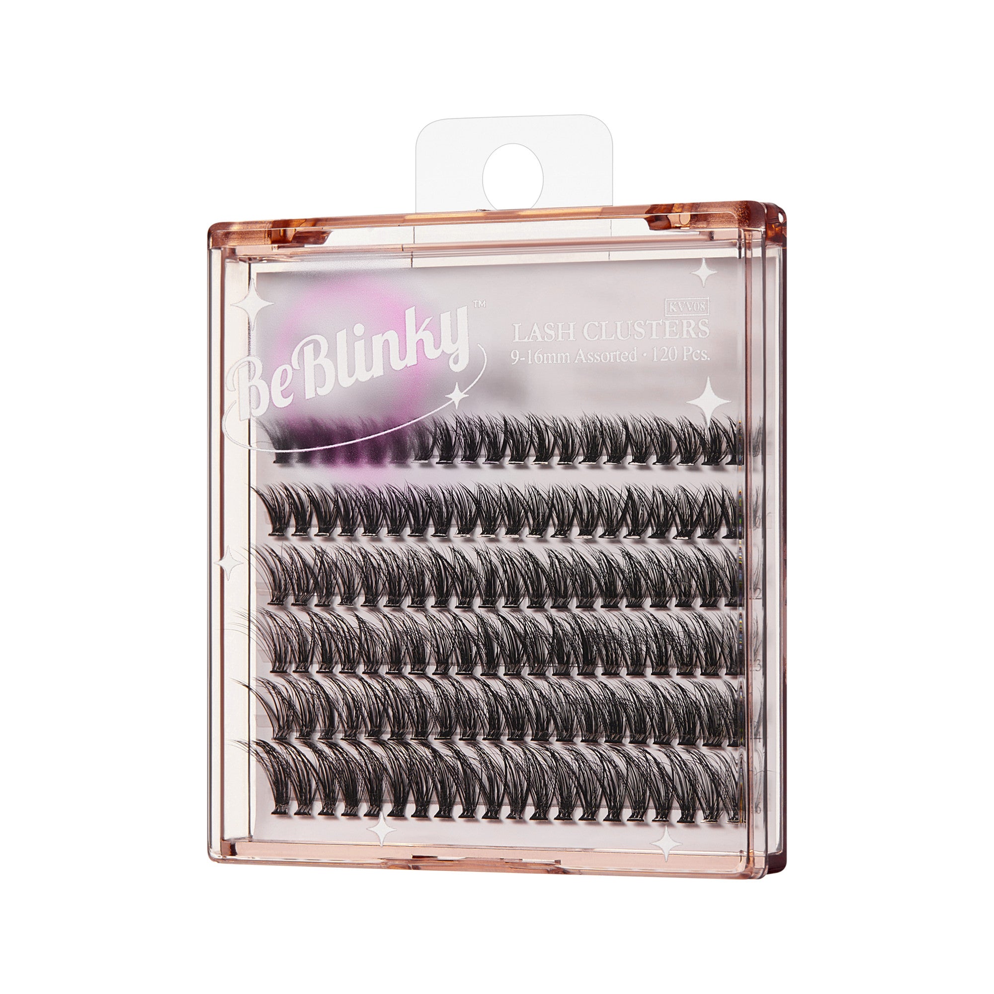 The image features a clear plastic packaging containing lash clusters from the brand BeBlinky. The packaging is square-shaped with a rose gold border and a hanging tab at the top. Inside, there are multiple rows of individual lash clusters, which appear to be dark and fluffy, designed to enhance the appearance of eyelashes. The product is labeled with the brand name "BeBlinky" prominently displayed on the front.