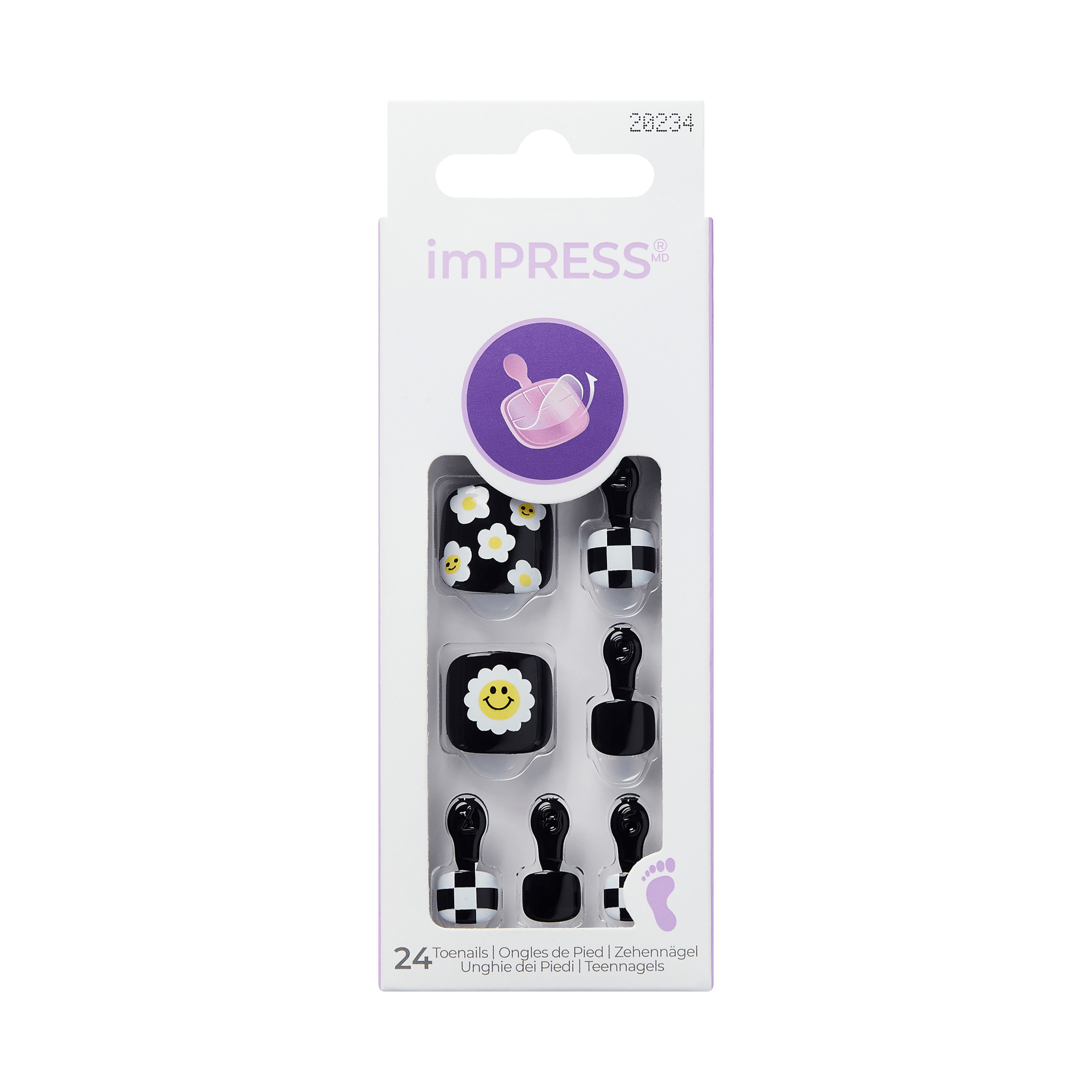 The image features a packaging for imPRESS press-on nails. The design includes a variety of nail art styles, showcasing a mix of black and white patterns, floral designs, and a cheerful sun motif. The package contains 24 nails, indicating that they are intended for easy application. The overall aesthetic is playful and trendy, appealing to those looking for stylish nail options. The packaging is colorful and includes a small illustration of a watering can, suggesting a theme of care or beauty.