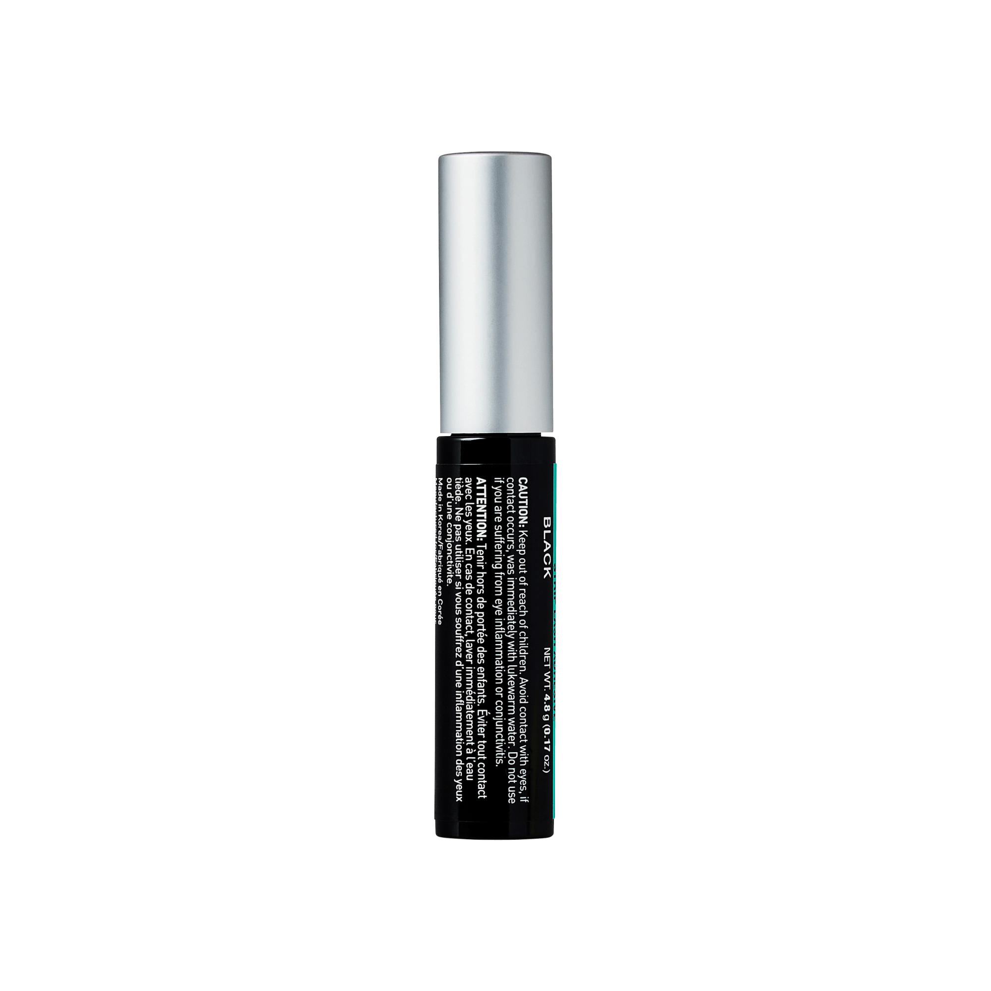 Black mascara tube with silver cap and product information text on label