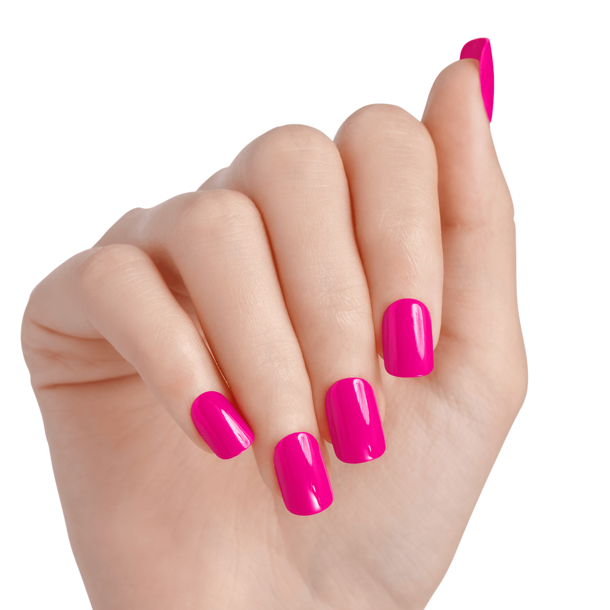 Hand with short, squared press-on nails painted in glossy bright pink, shown against a white background.