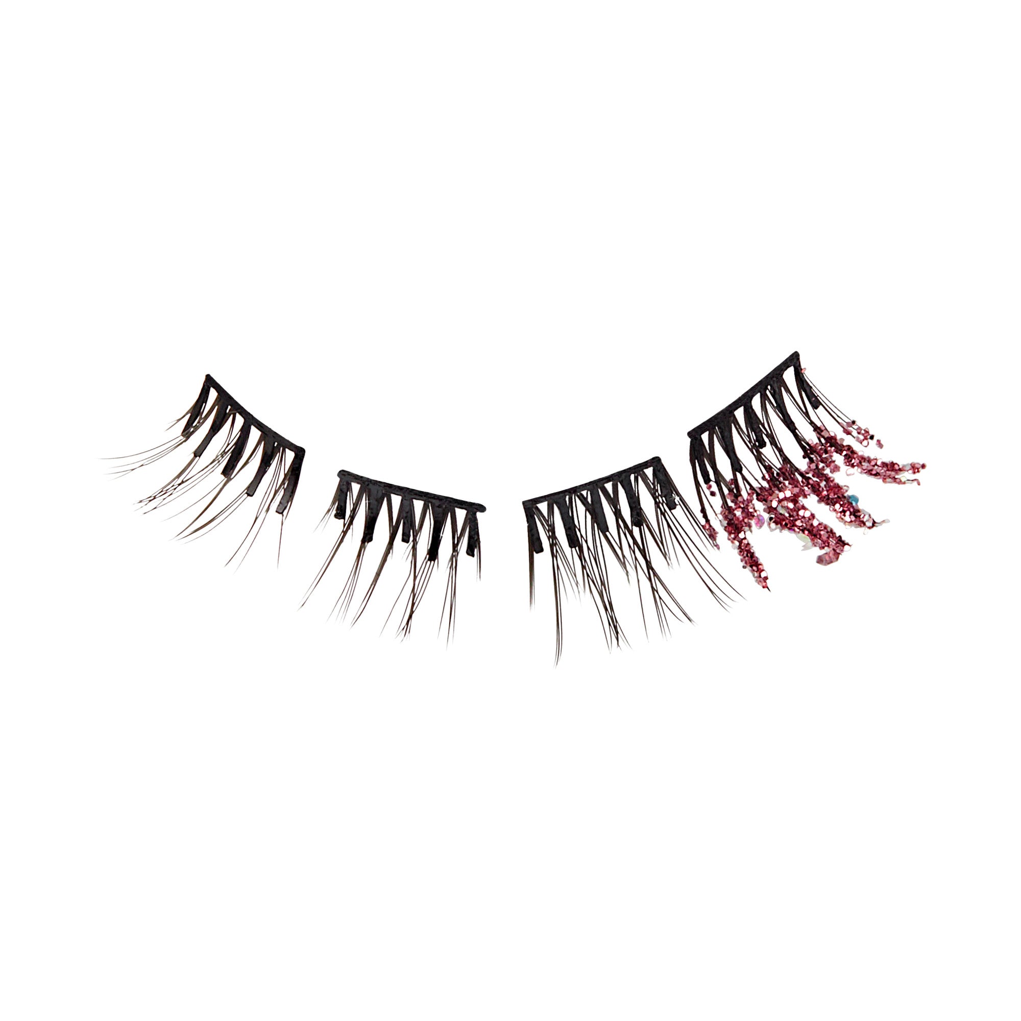 The image features a pair of false eyelashes. The lashes are predominantly black with a dramatic, spiky design. One of the lash strips has a unique embellishment, featuring red accents that add a pop of color and a touch of glamour. The overall look is bold and eye-catching, suitable for a striking makeup style.