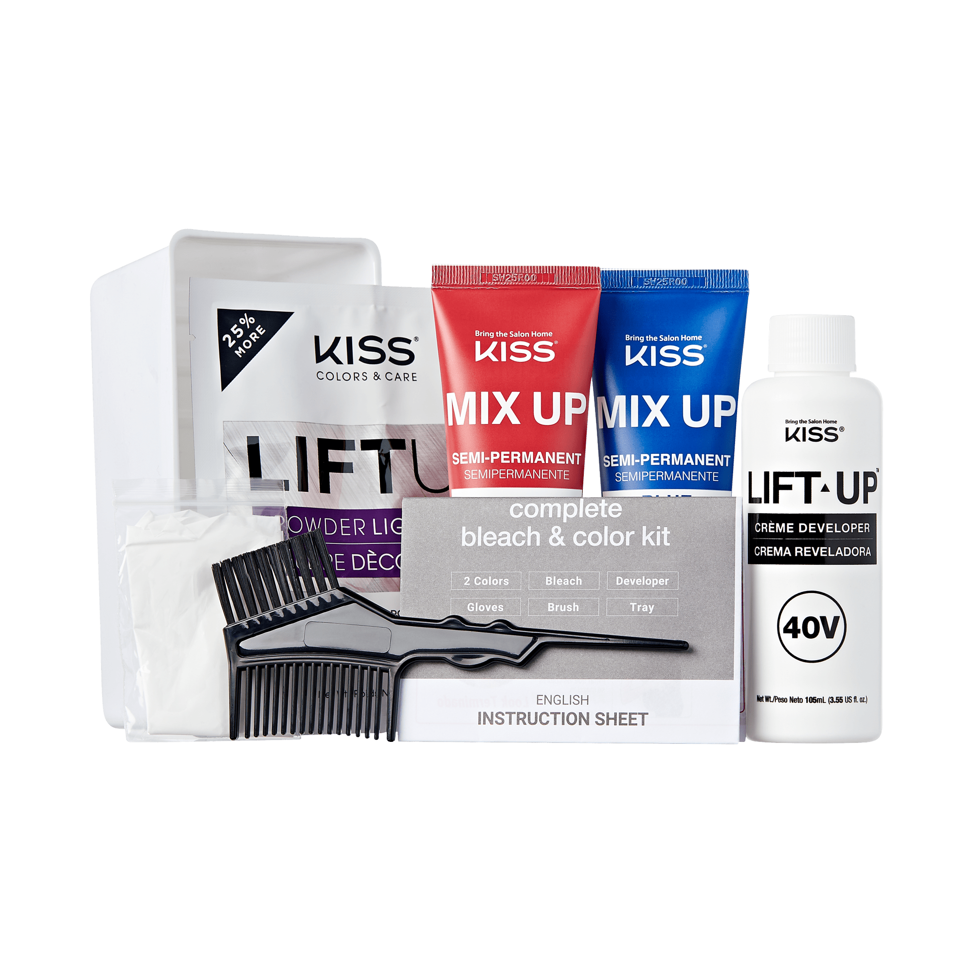 KISS Lift Up complete bleach & color kit with developer, brushes, and accessories