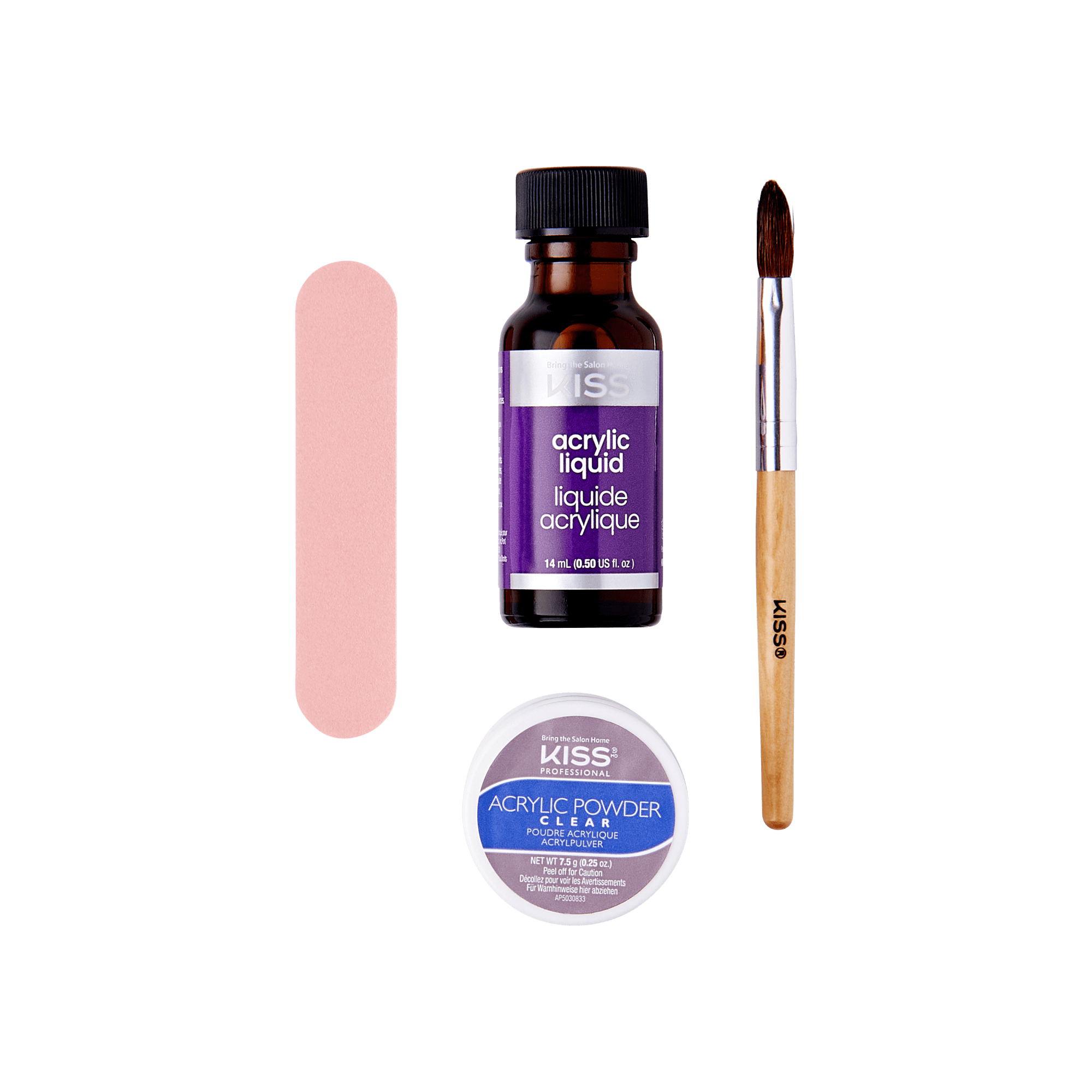 The image shows a set of nail care products. The set includes:
1. A pink nail file.
2. A small bottle labeled "Kiss Acrylic Liquid."
3. A small container labeled "Kiss Acrylic Powder Clear."
4. A brush with a wooden handle labeled "Kiss."
These items are typically used for applying and maintaining acrylic nails.