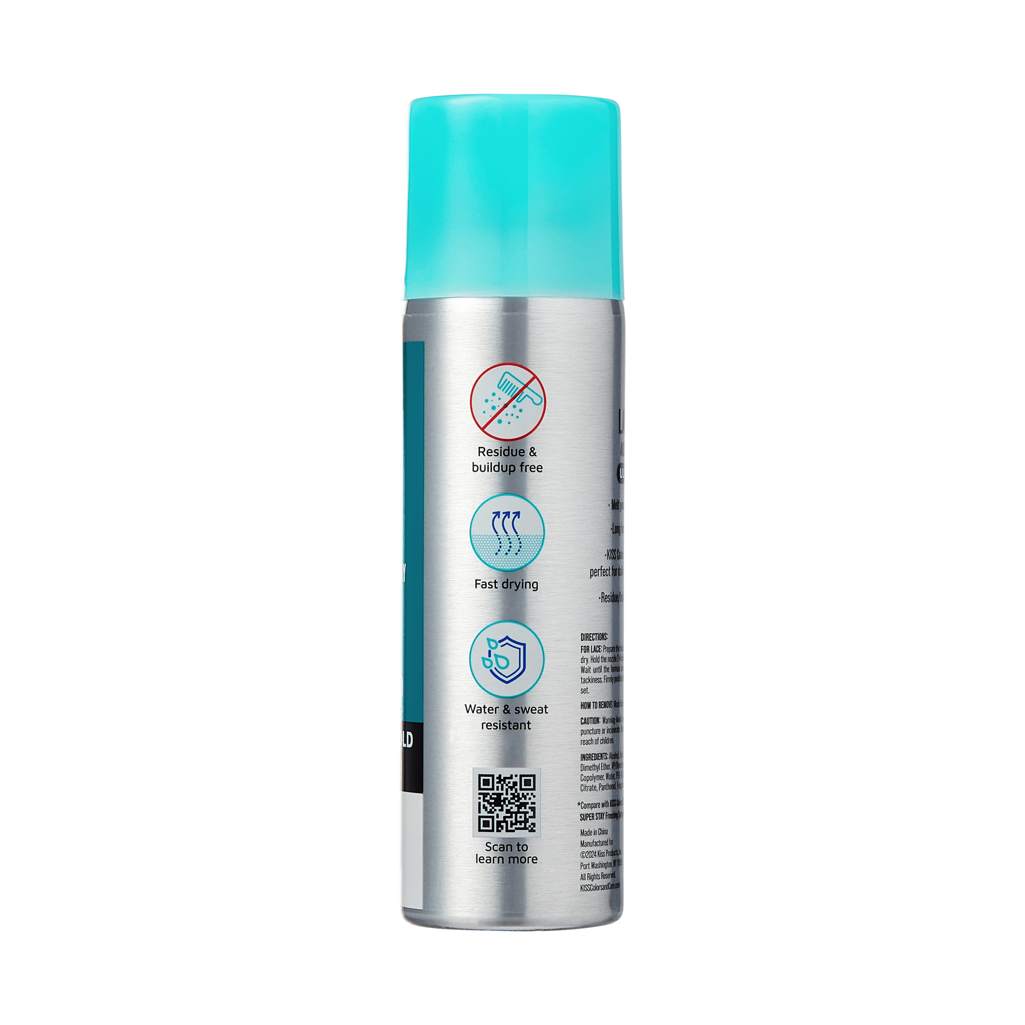 The image features a cylindrical aerosol can with a metallic silver body and a light blue cap. The front of the can displays several icons indicating its features: a no residue symbol, a fast-drying symbol, and a water and sweat-resistant symbol. There is also a QR code for additional information. The overall design suggests it is a personal care or grooming product, likely a spray or deodorant.