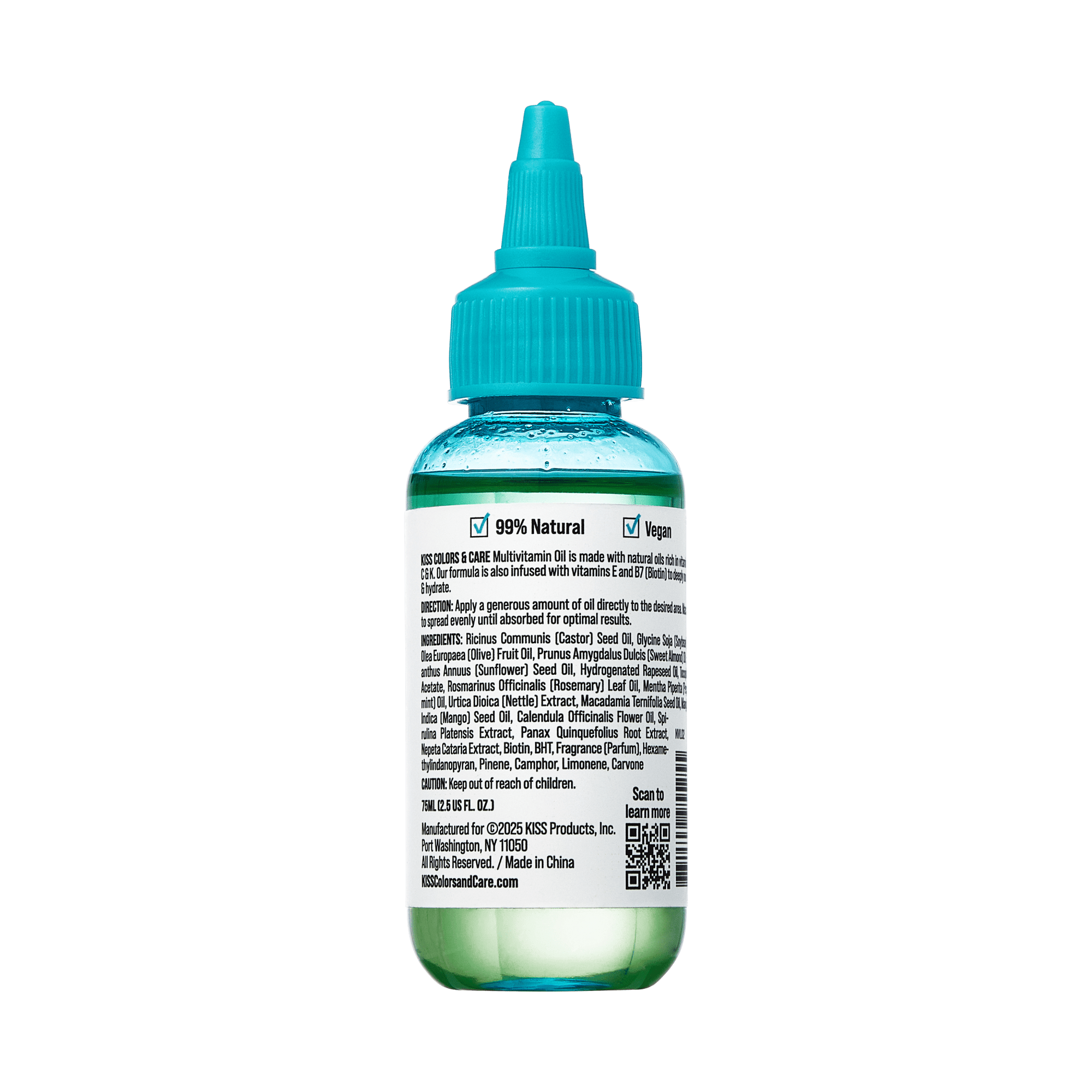 Clear plastic bottle with teal cap, showing back label of KISS Colors & Care Multivitamin Oil - Rosemary & Mint. Label highlights "99% Natural" and "Vegan."