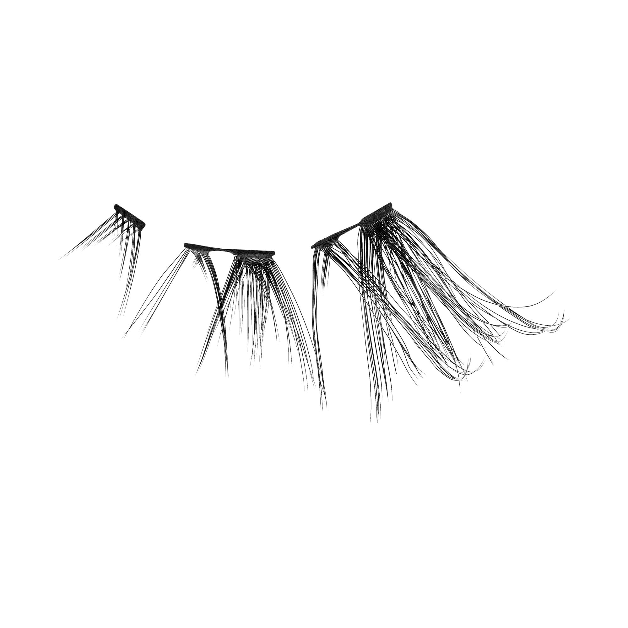 The image shows three clusters of false eyelash extensions. Each cluster consists of multiple individual lashes attached to a small base. The lashes are long, thin, and taper towards the ends, giving them a natural, wispy appearance. The clusters are arranged in a staggered manner, with varying lengths and densities, likely intended for use in creating a fuller, more voluminous look when applied to the eyelids. The background is plain and white, highlighting the details of the eyelash extensions.