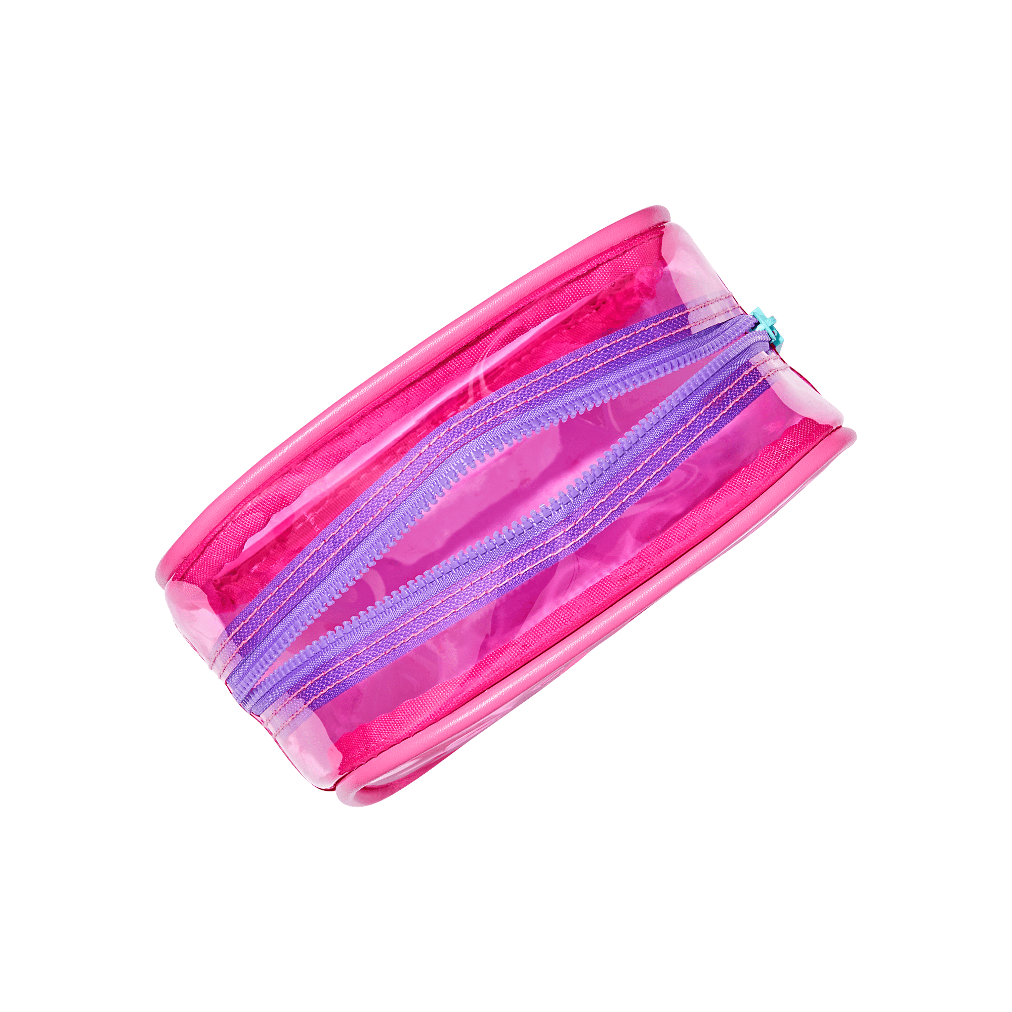 Pink pencil case with multiple zippered compartments in varying shades of pink and purple.