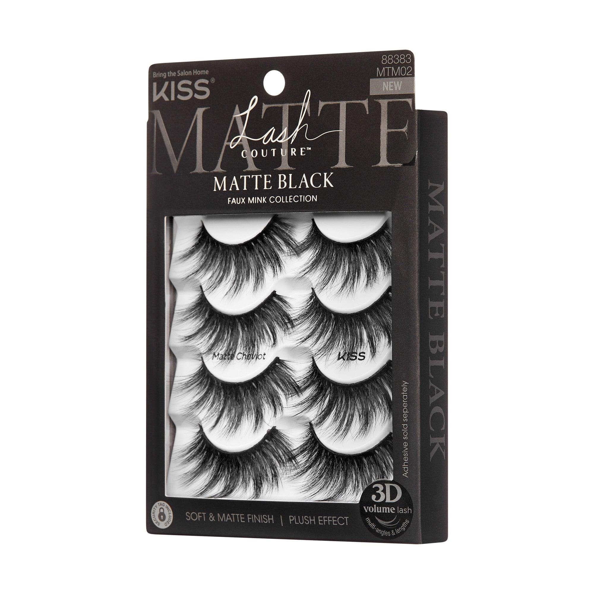 The image shows a package of KISS Lash Couture Matte Black false eyelashes. The packaging is predominantly black with white text. The product is described as part of the "Faux Mink Collection" and features "Matte Black" lashes. The package contains multiple pairs of voluminous, soft, and matte finish lashes, designed to provide a plush effect. The product is labeled as "3D Volume Lash" and has the product code 88383 MTM02. The packaging also includes the tagline "Bring the Salon Home.