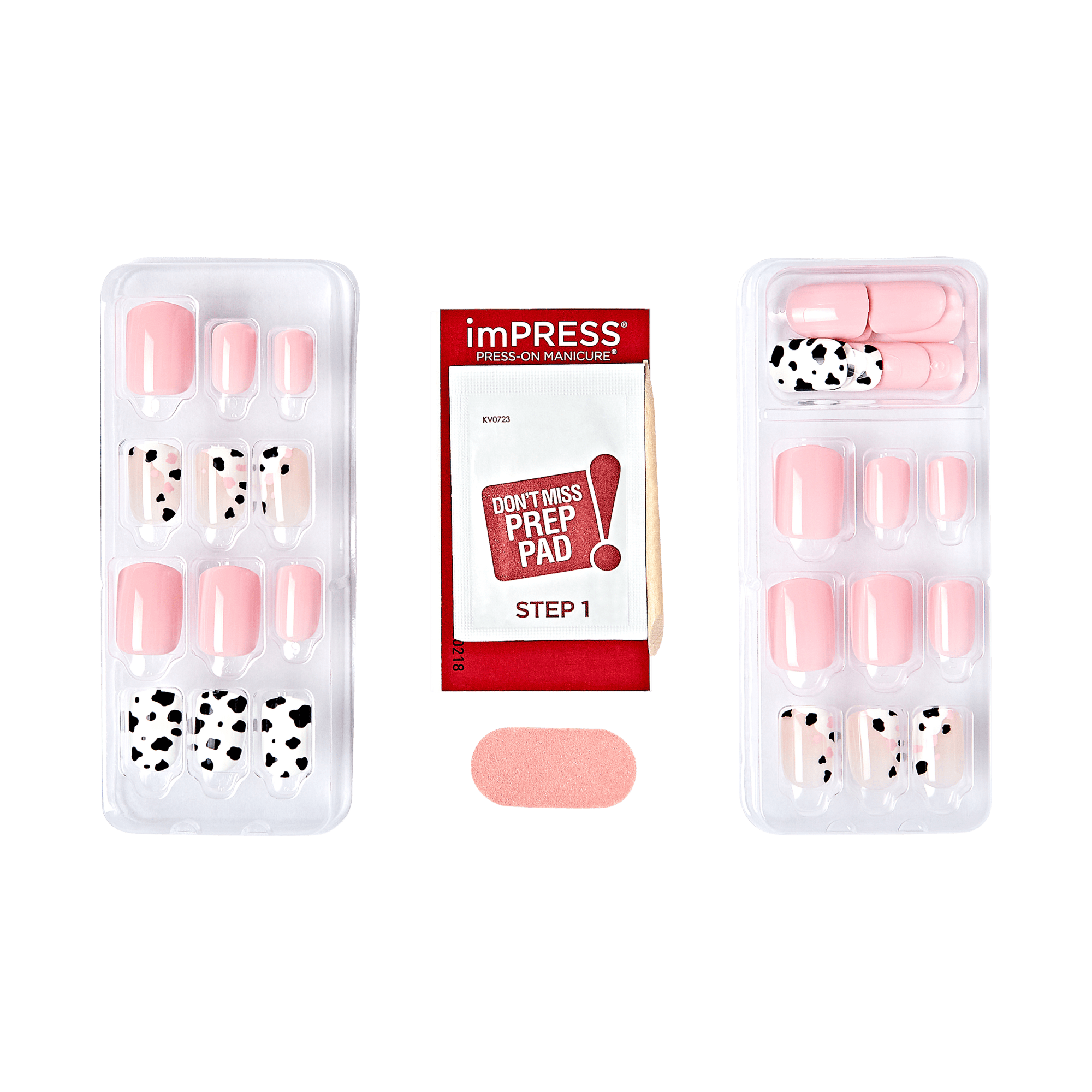 imPRESS Press-On Manicure set with pink and black dalmatian spotted nail designs and prep pad.