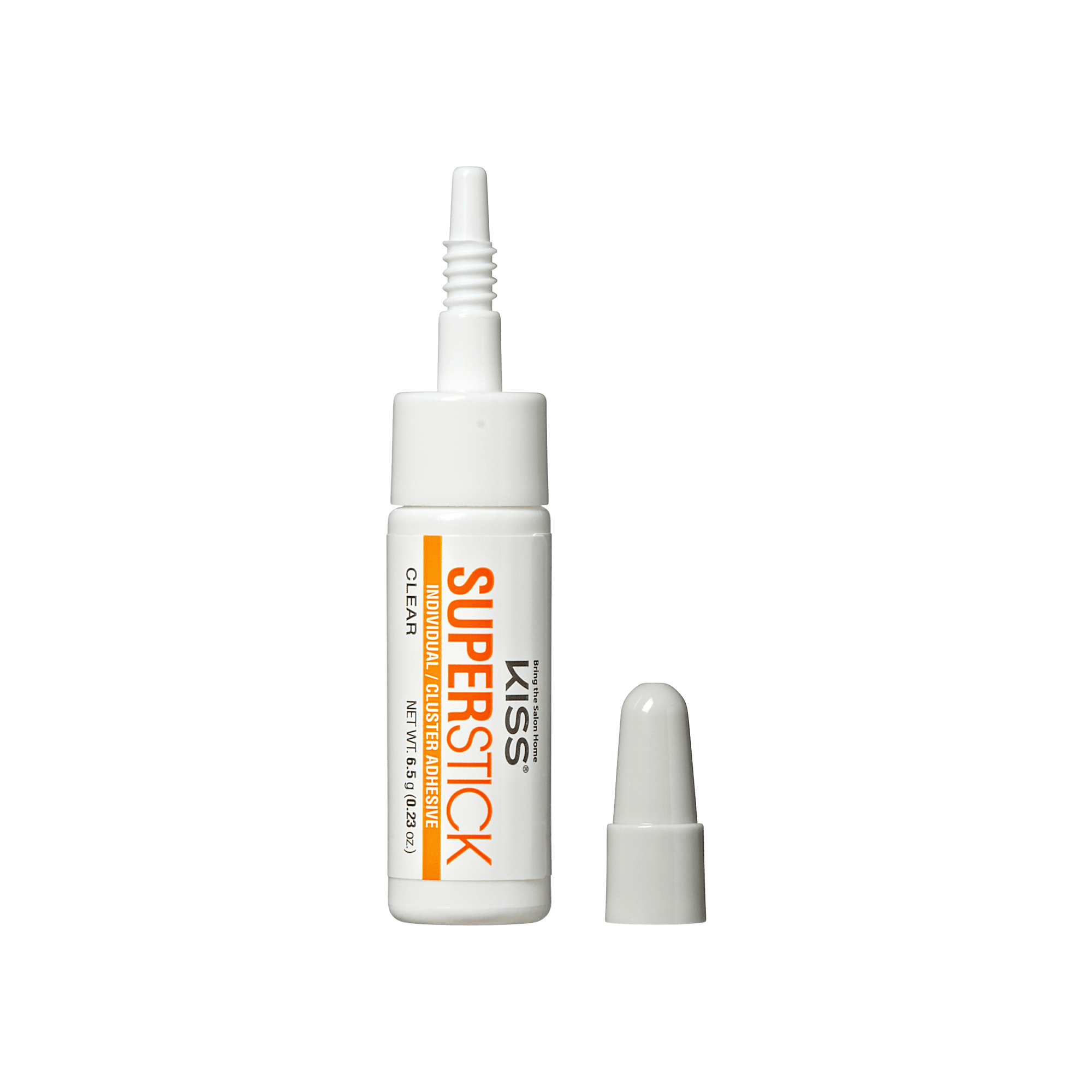 The image features a small, white bottle of adhesive labeled "KISS SUPERSTICK." The bottle has a pointed applicator tip and is designed for precision application. The label includes the brand name "KISS" and the product name "SUPERSTICK," along with a description indicating it is a clear adhesive. The cap is removed, revealing the applicator. The overall design is sleek and minimalistic, emphasizing functionality.