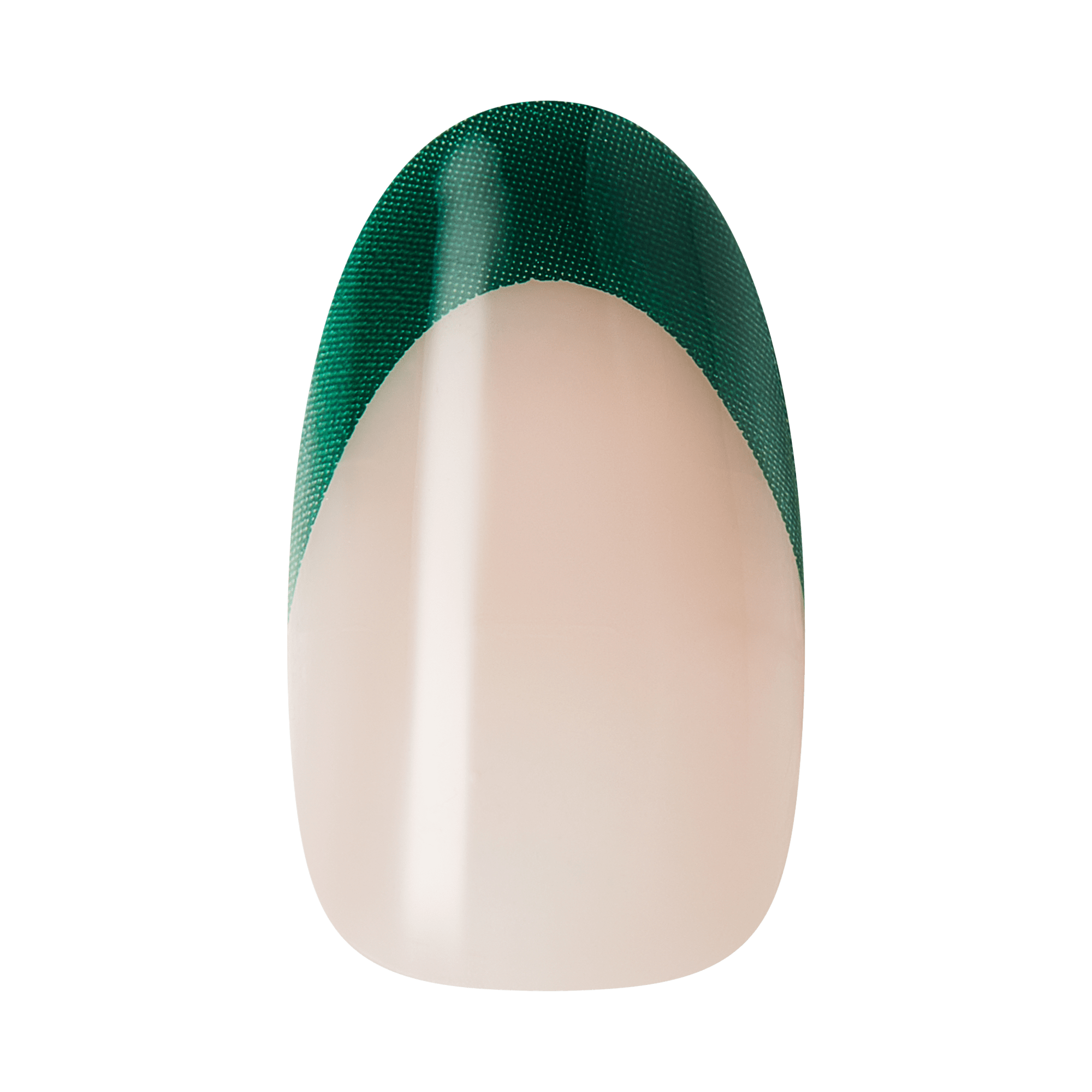 The image features a nail design showcasing a French manicure style. The nail is primarily a natural, nude color, with a bold green tip that forms a smooth, curved line across the top. The green section has a textured appearance, adding a modern twist to the classic French manicure. The overall look is stylish and eye-catching, perfect for a trendy nail art design.