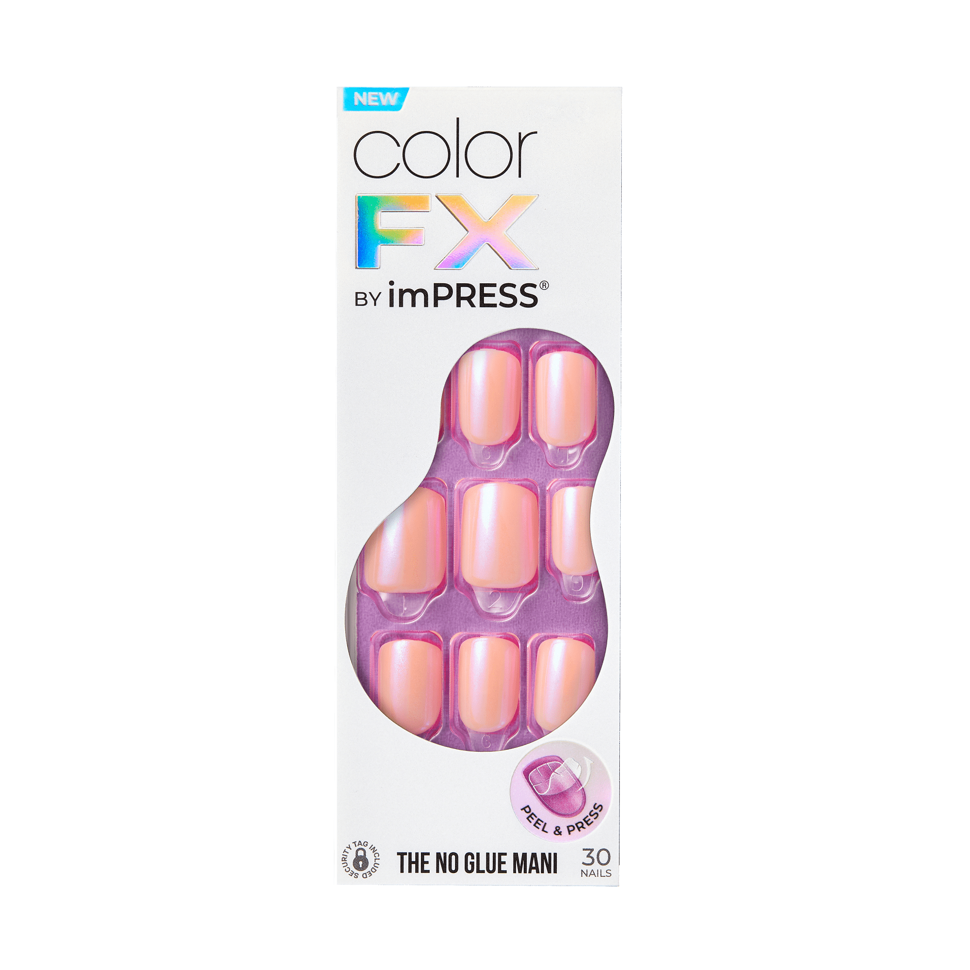The image shows a product package for "Color FX by imPRESS." The package is predominantly white with a colorful, holographic "FX" logo. Inside the package, there are 30 press-on nails displayed through a transparent, purple, irregularly-shaped window. The nails have a glossy, peachy-pink color. The packaging highlights that these are "The No Glue Mani" and includes a "Peel & Press" label, indicating the application method. There is also a small circular emblem on the bottom left corner of the package.